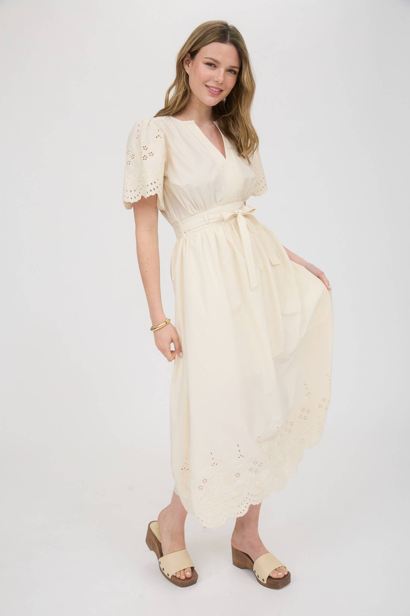 EMBROIDERY EYELET DETAIL BELTED MIDI CR2569 : CHAMPAGNE