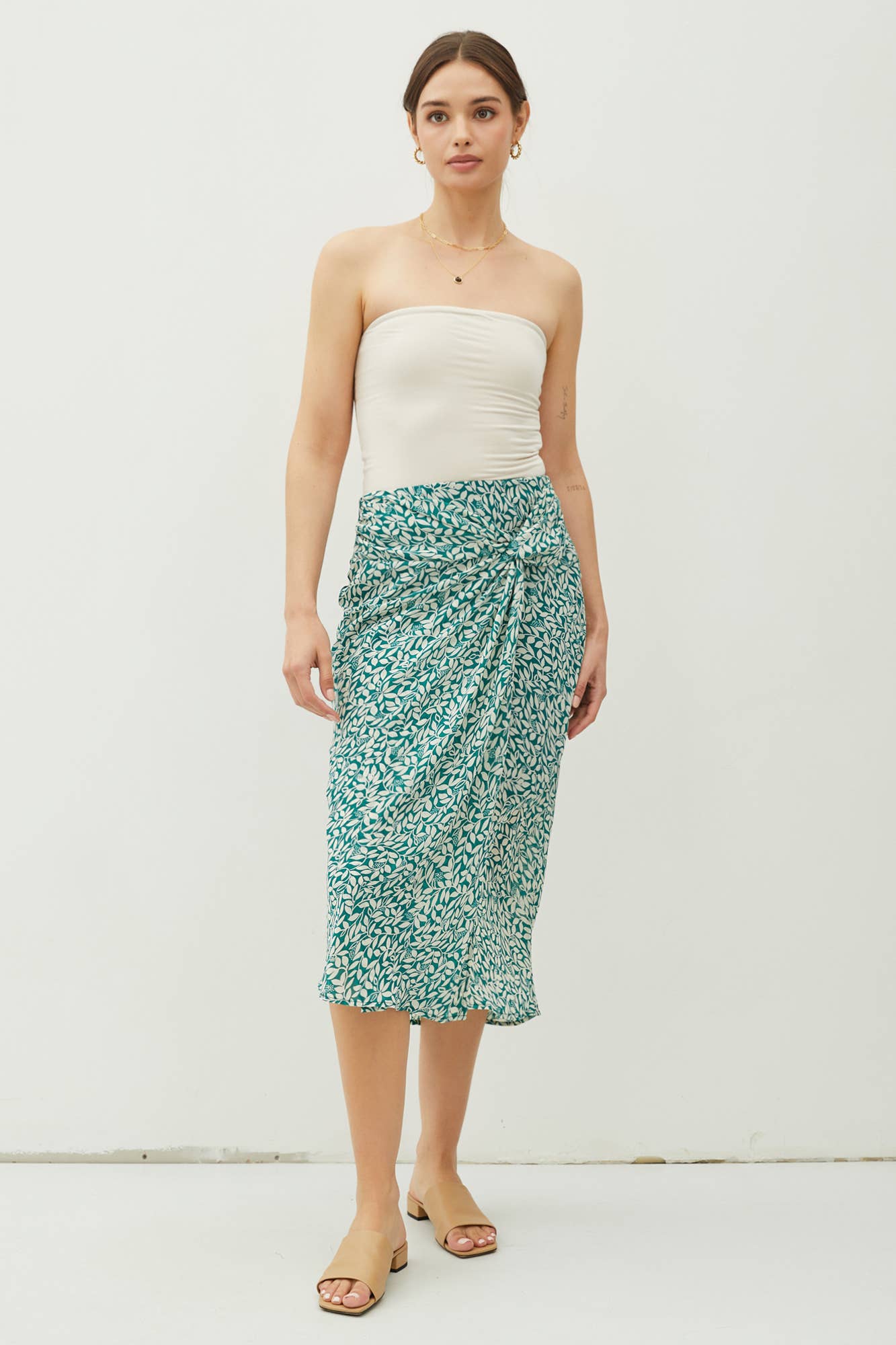 PRINT DRAPED SIDE KNOT MIDI SKIRT: Sea Green / 71106