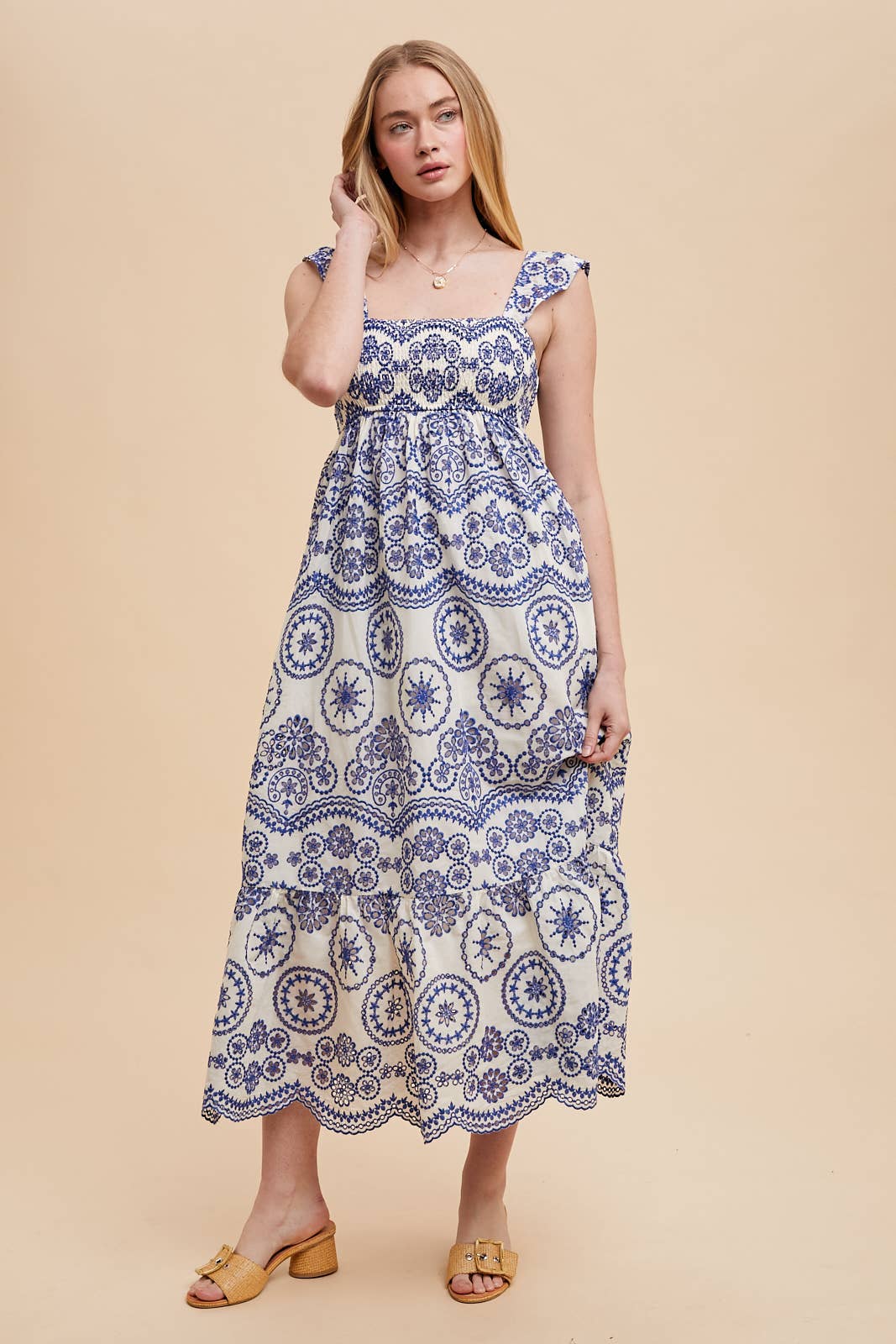 COTTON EMBROIDERED EYELET MAXI DRESS: SANTORINI / ILD6265