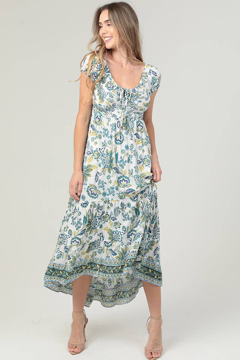 F4K79-FR32 SMOCKED BODICE CRISS CROSS BACK MAXI DRESS W SLIT