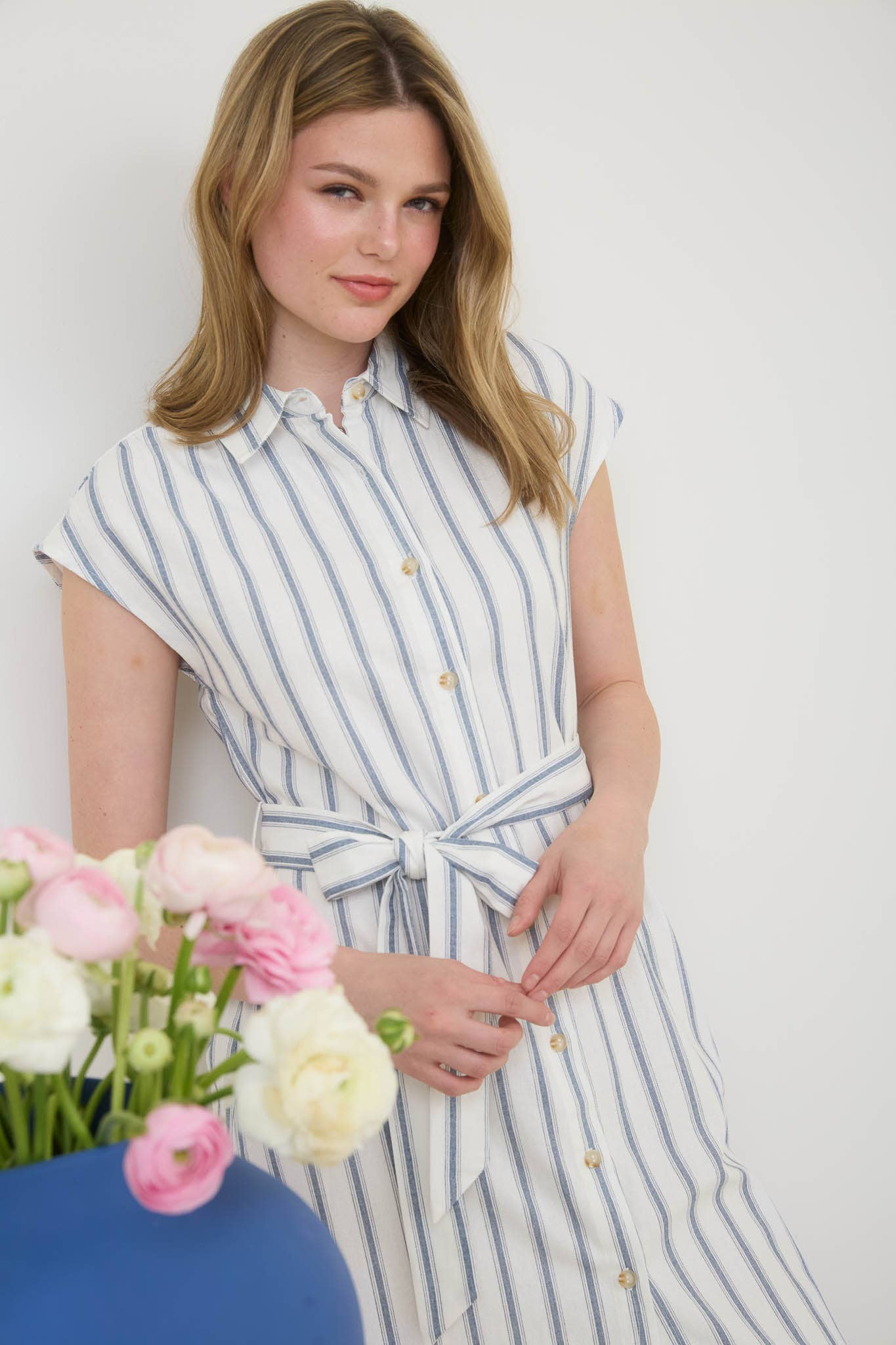 STRIPE COLLARED BUTTON DOWN BELT TIE SHIRT TB8804 : DENIM BLUE