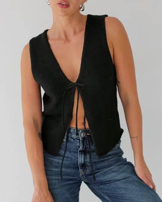 Stylish Sleeveless Lace-Up Knitted Vest: White / RCJW02216-White
