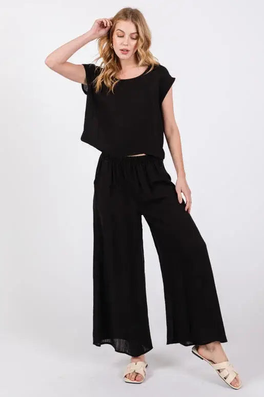 Woven Wide Leg Pull on Pants - NP16207E10: Sage Green