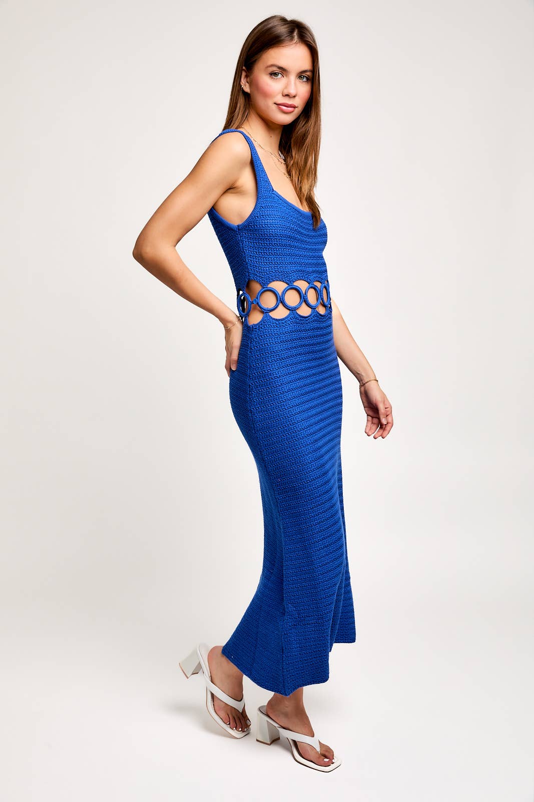 SQUARE NECK SLEEVELESS CROCHET MIDI DRESS: CREAM / MWD6871