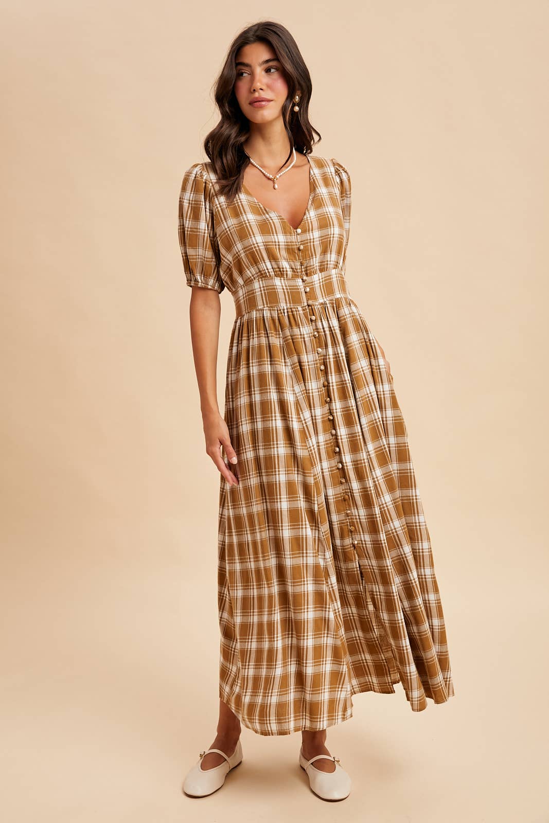 PLAID BUTTON DOWN MAXI DRESS: CHESTNUT / ILD6400
