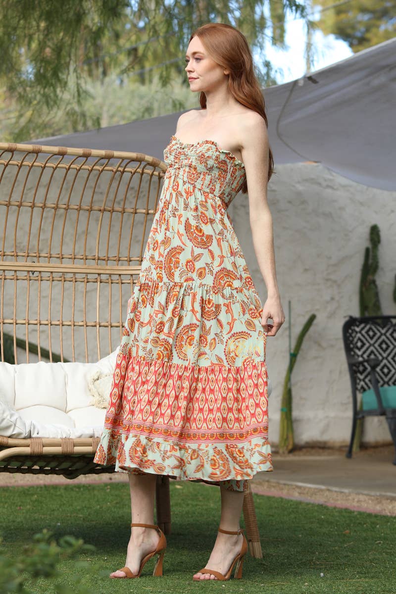 C4A90-A889 SMOCKED BUST STRAPLESS TIERED MAXI DRESS