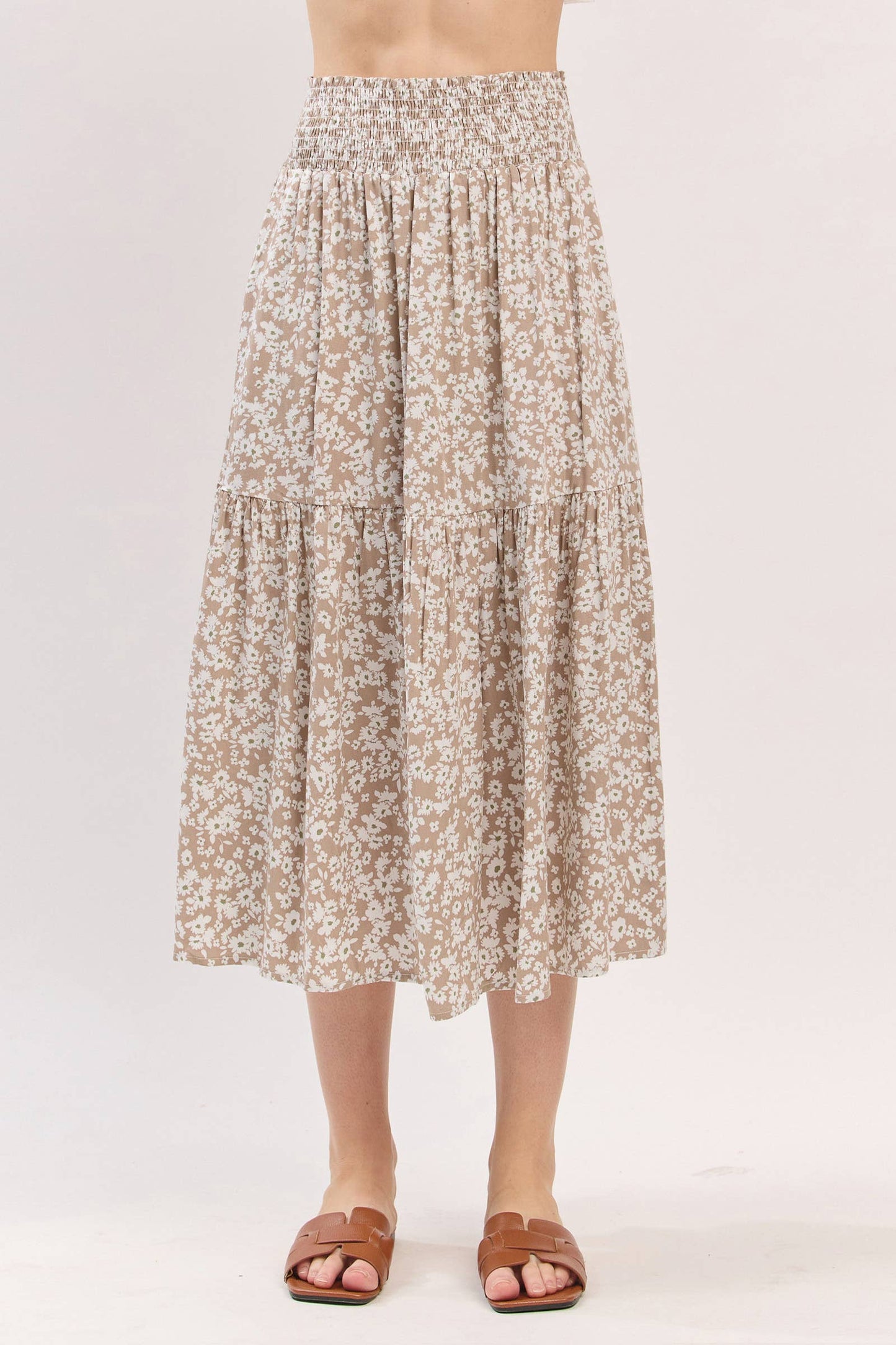 Print Tiered Midi Skirt - VS3533A: Taupe