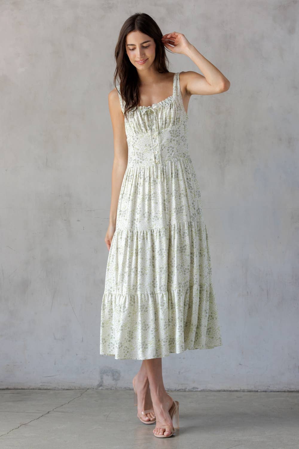 SDJD6374-1-SLEEVELESS FLORAL PRINT MIDI DRESS: IVORY/GREEN