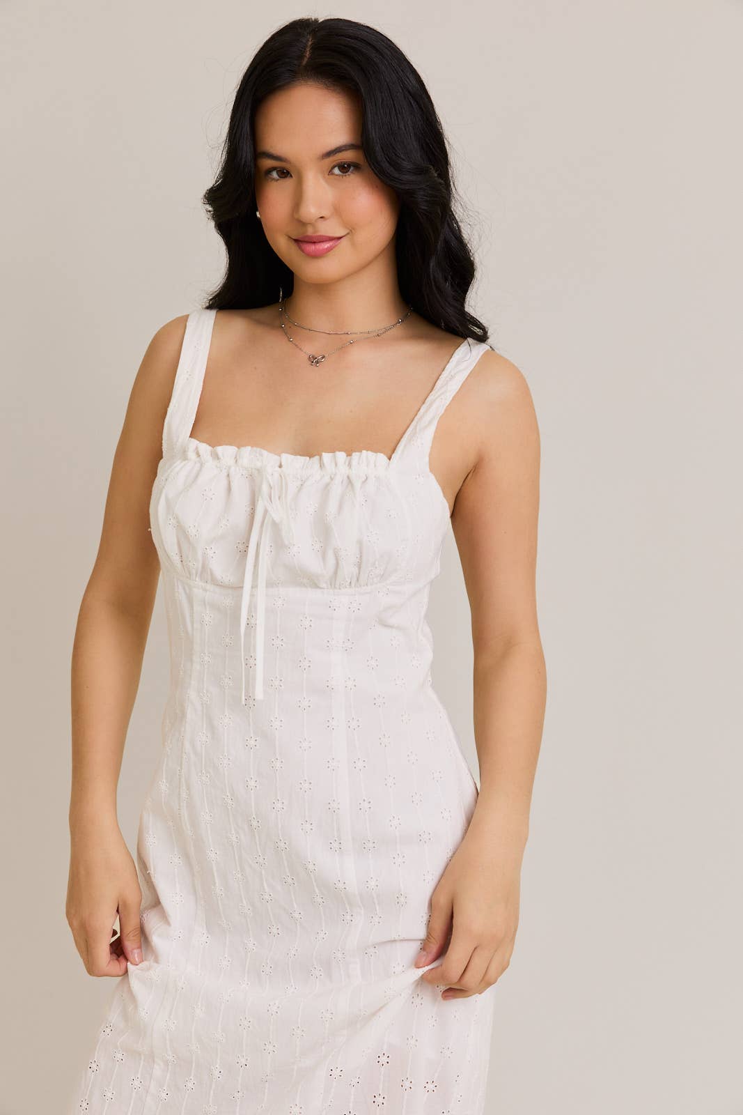 SHIRRED NECK EYELET MAXI DRESS: White