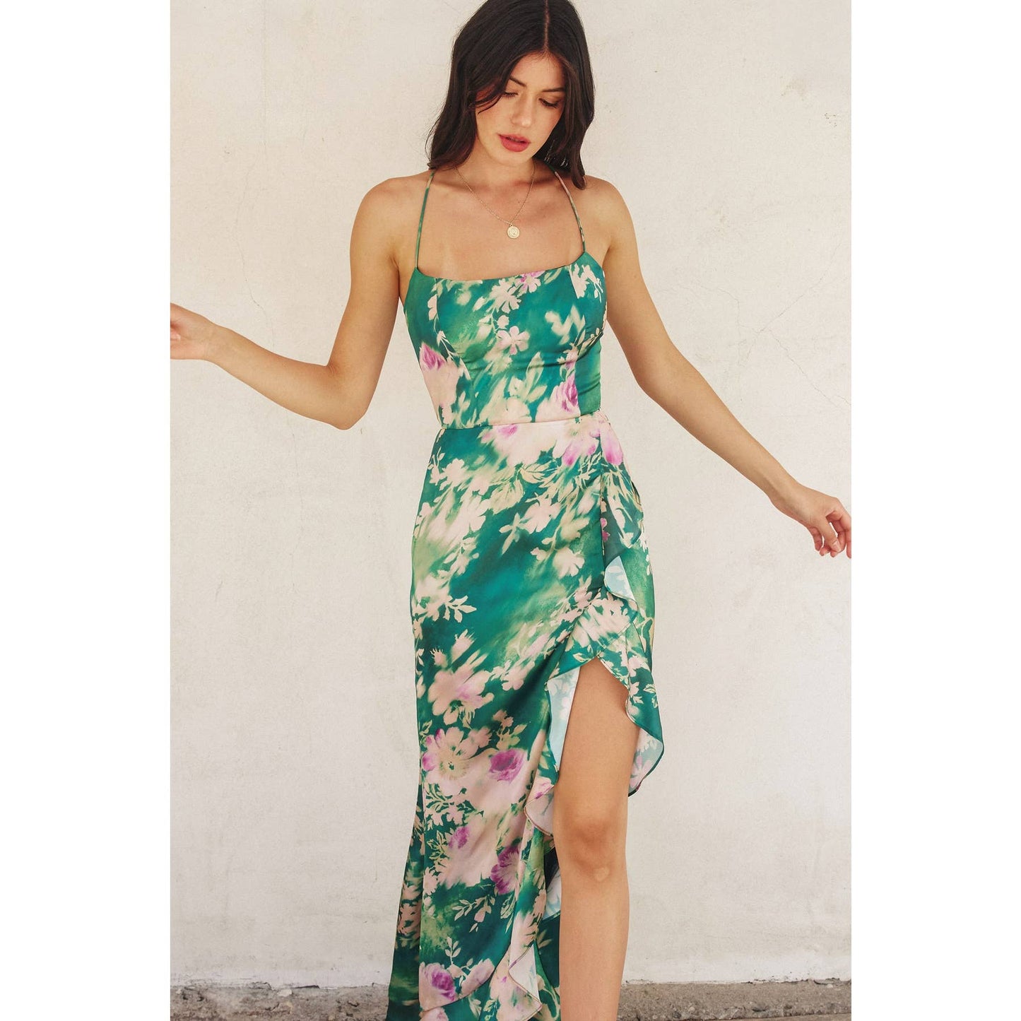 Giverny Open Back Ruffled Maxi Dress: EVERGREEN GARDEN / FD9733-P1759
