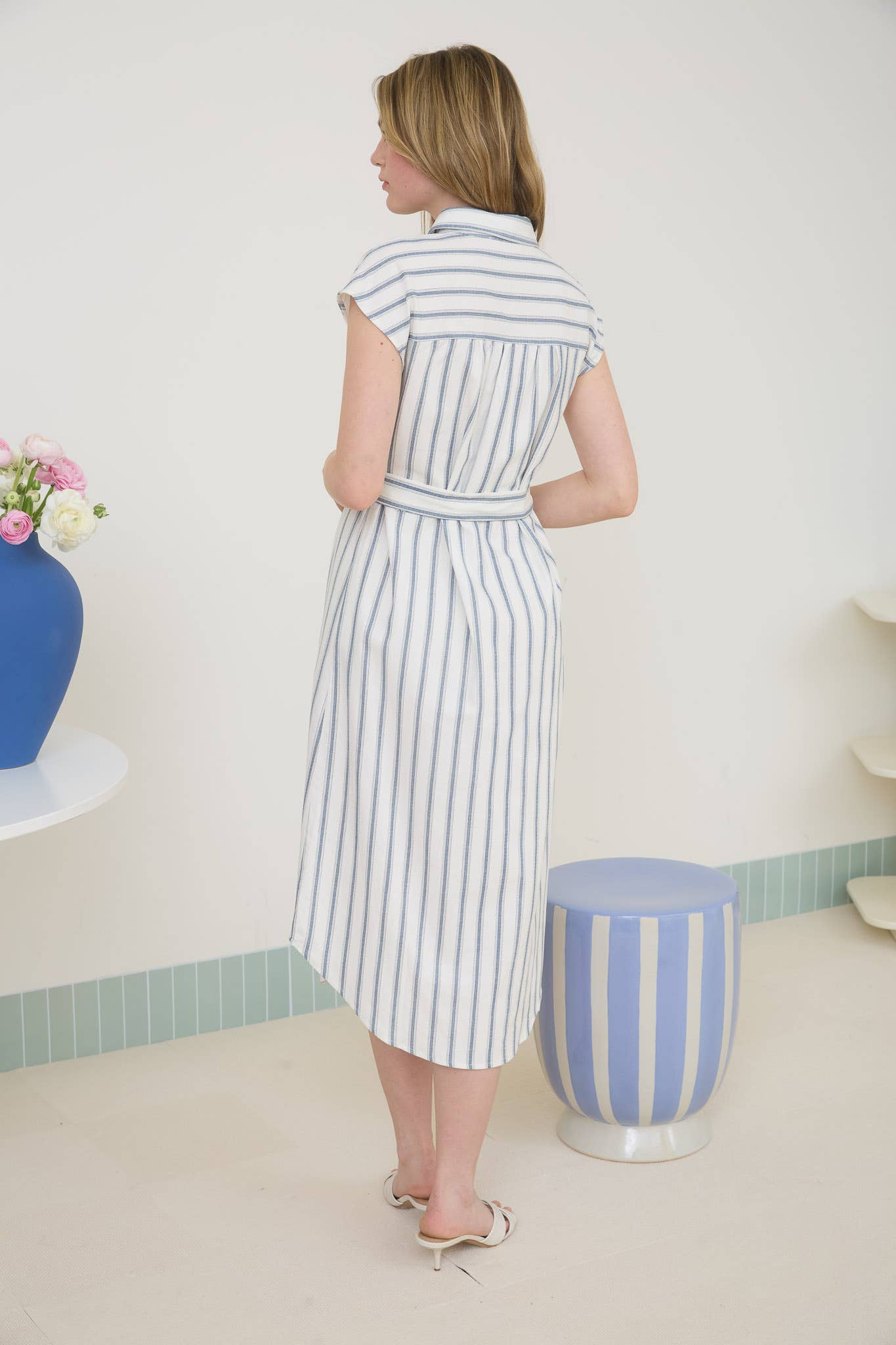STRIPE COLLARED BUTTON DOWN BELT TIE SHIRT TB8804 : DENIM BLUE