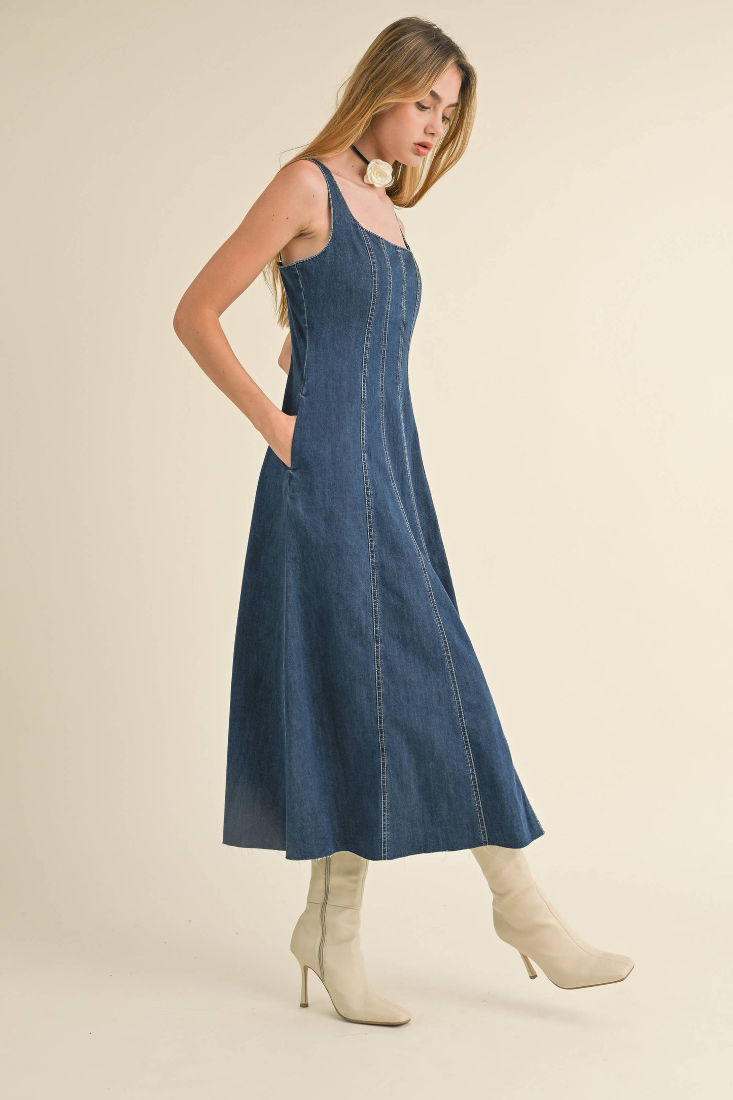 D3099 PANELED DENIM LONG DRESS: DENIM
