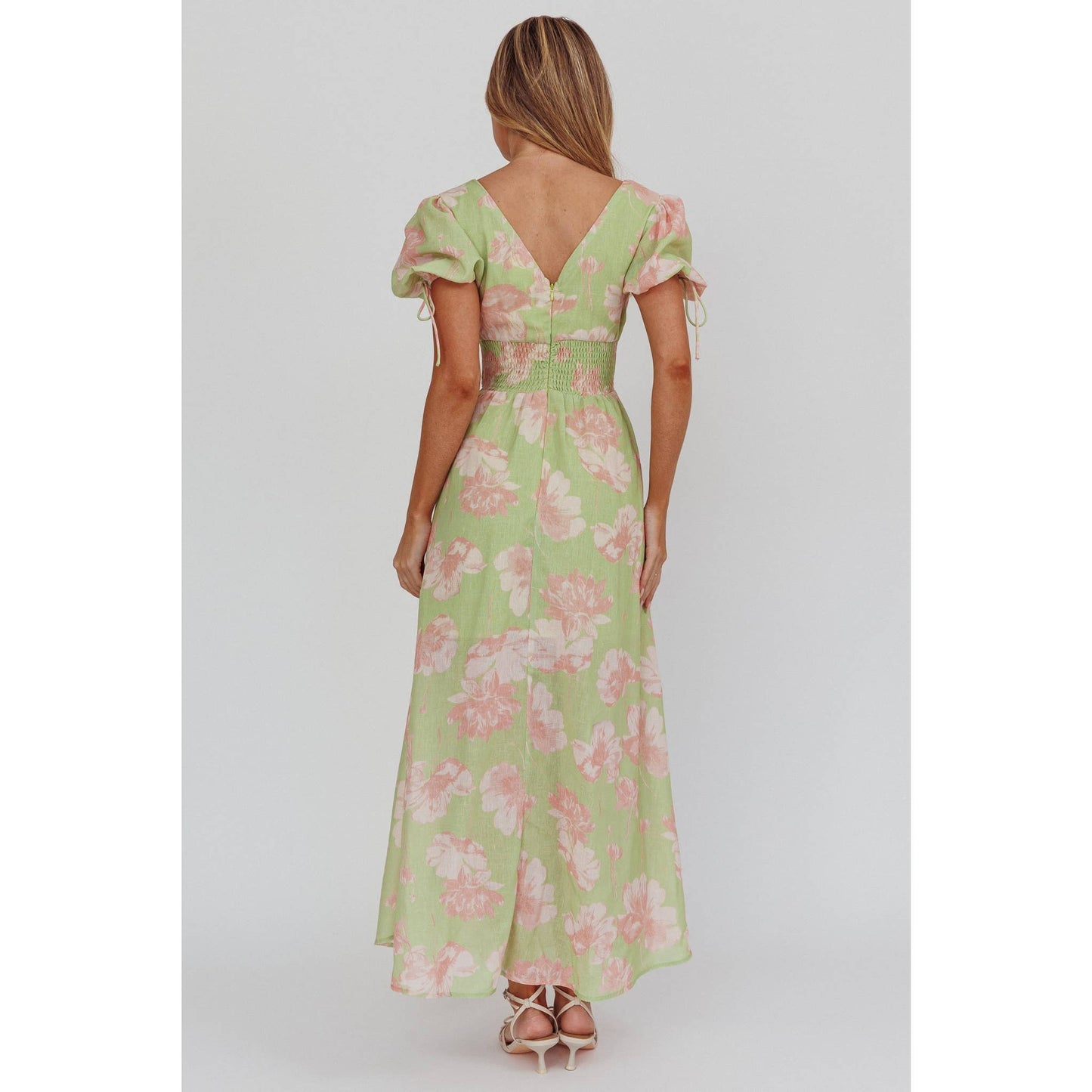 BELL SLEEVE FLORAL MAXI DRESS: GREEN / SR1253J