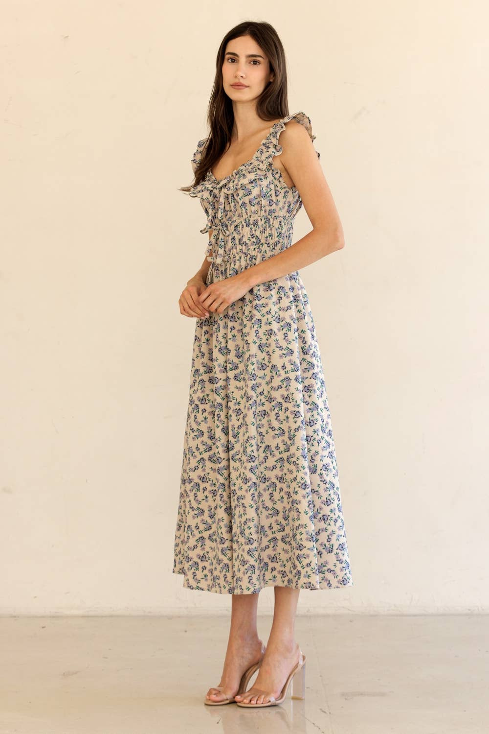 JD9158-RUFFLED SHOULDER MIDI DRESS: BEIGE