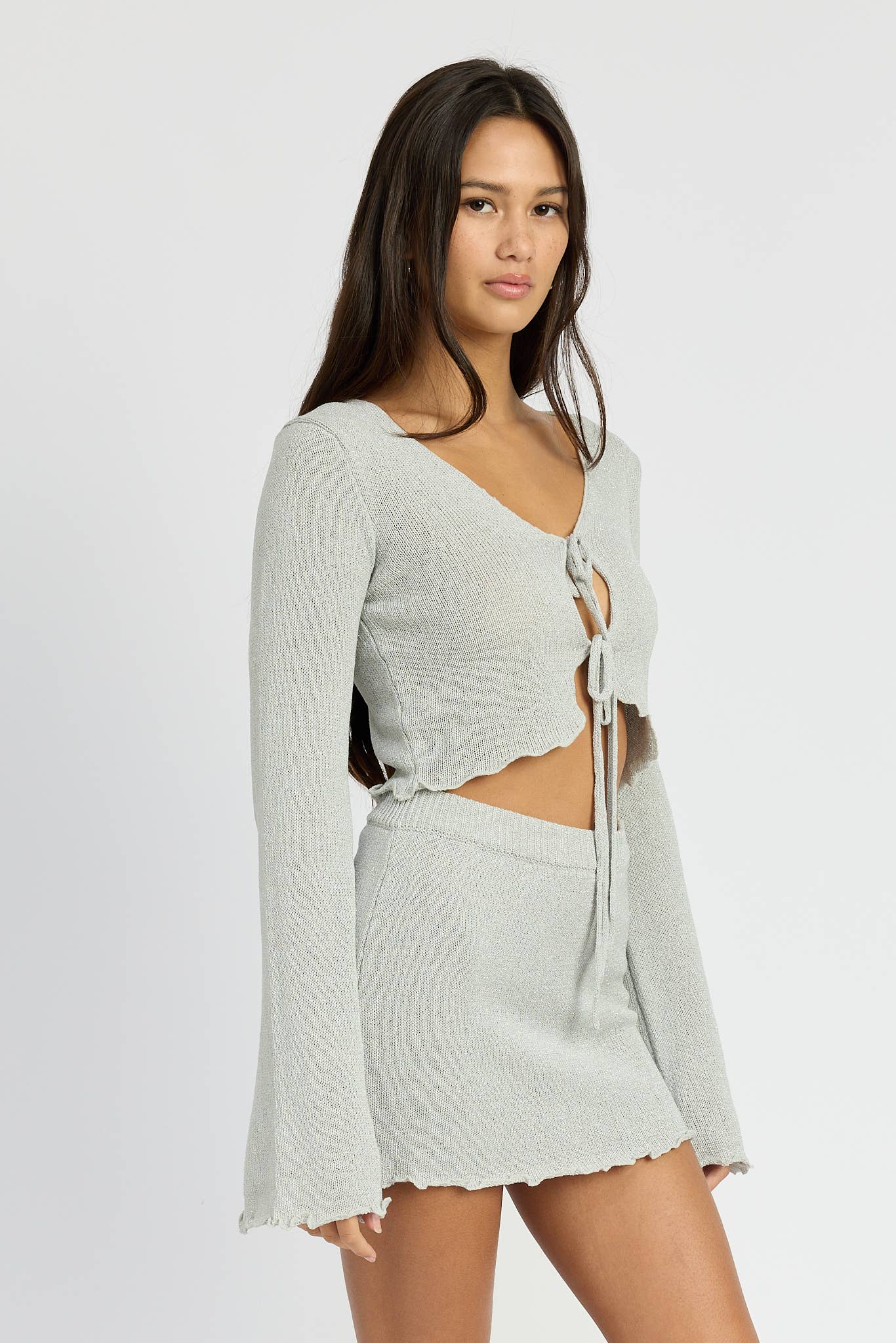 SHEER LONG SLEEVE CARDIGAN WITH FRONT TIE: SILVER IPJ1319T