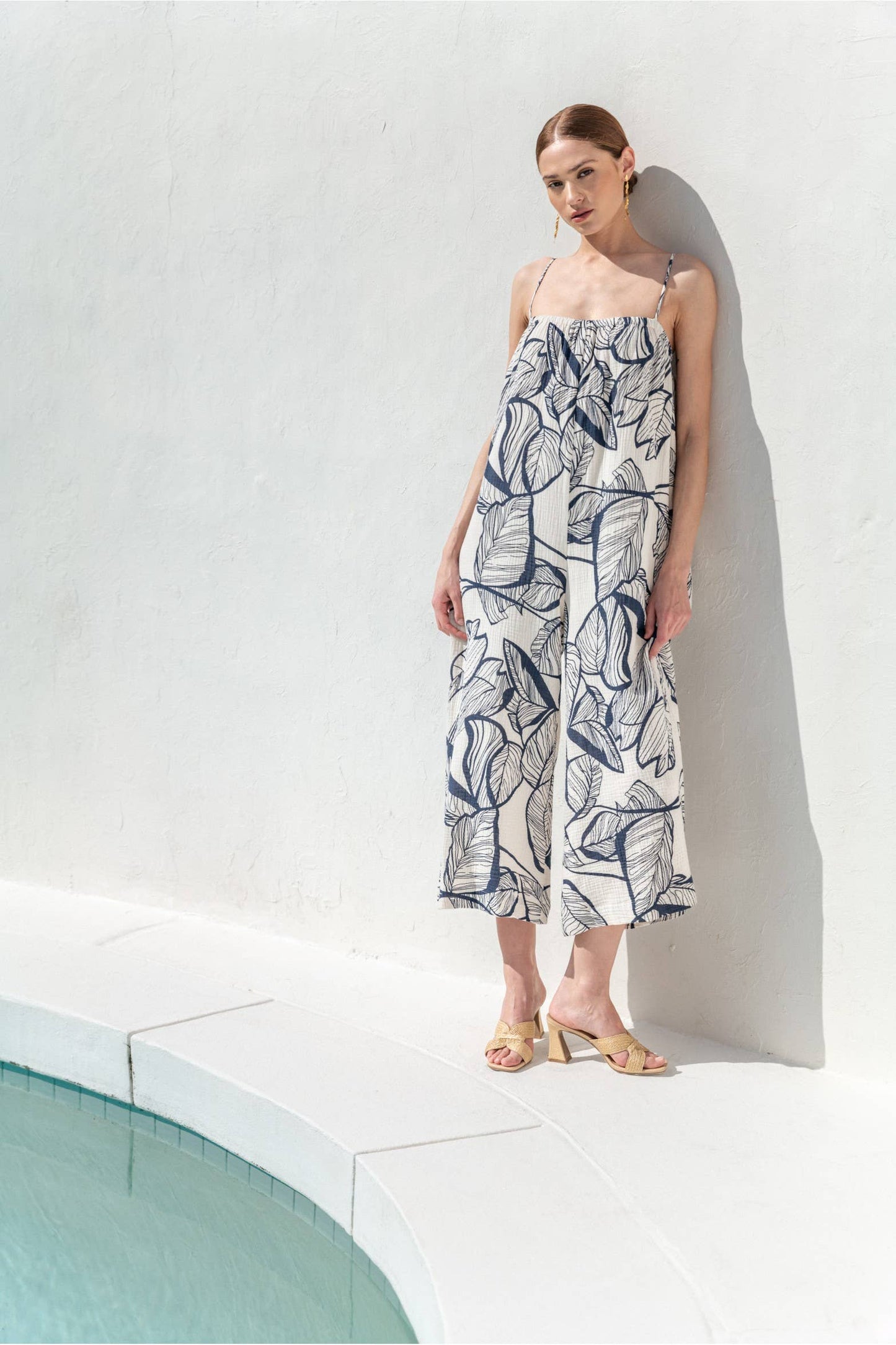 GAUZE LEAF PRINT JUMPSUIT: IVORY/NAVY/ FD66067