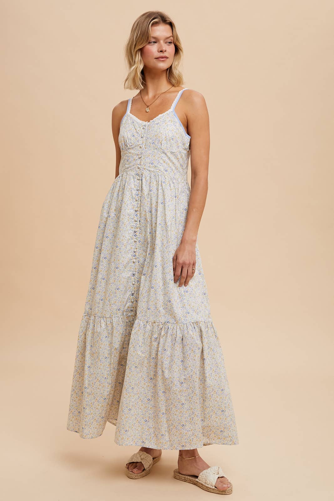 COTTON FLORAL BUTTON DOWN MAXI: CREME RED BLUE / ILD5699