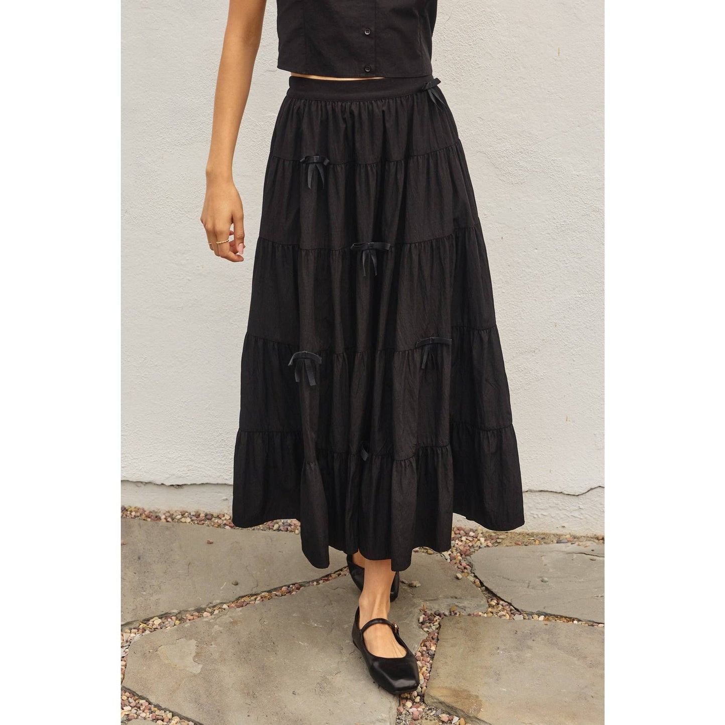 Polka Bow Tie Tiered Skirt: BLACK / FS12417-CP444