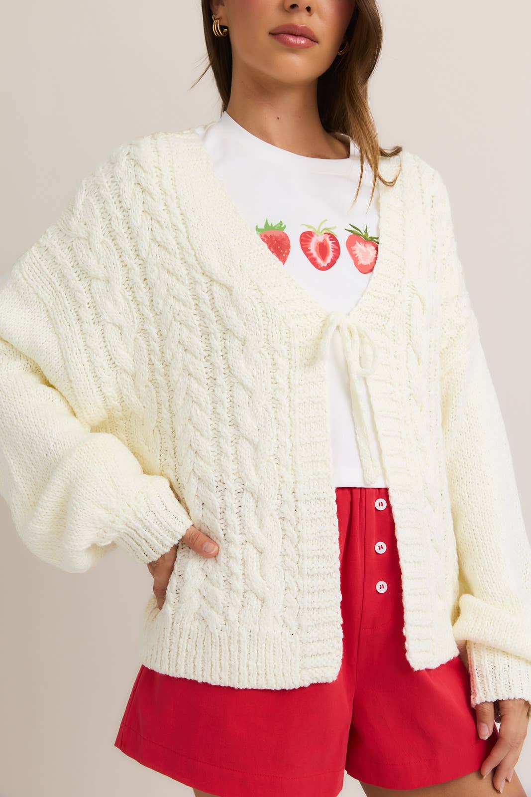 FRONT TIE CABLE CARDIGAN: LAVENDER /