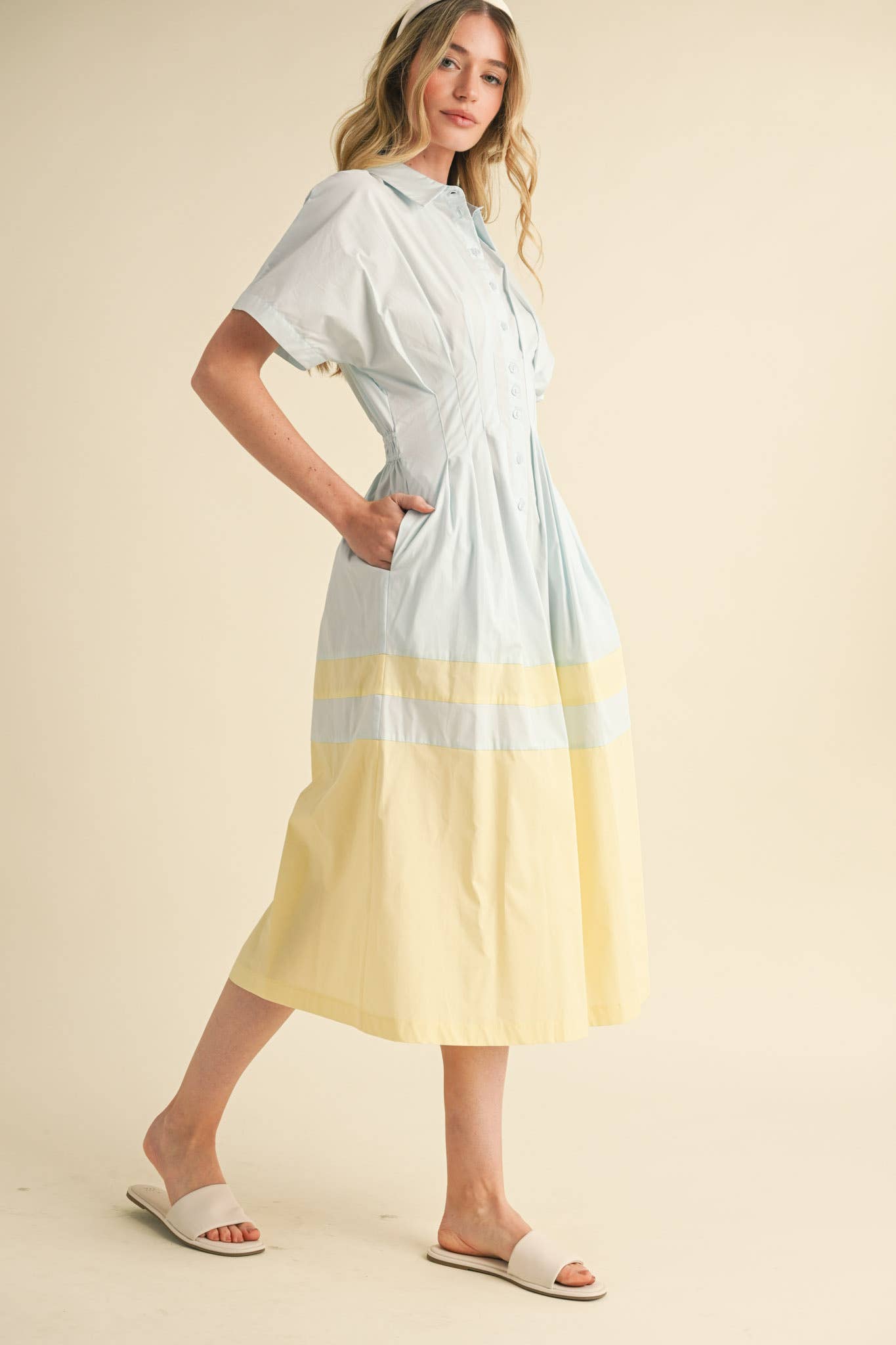 BUTTON DOWN PLEATED WAIST COLOR BLOCK MIDI DRESS MDR3556