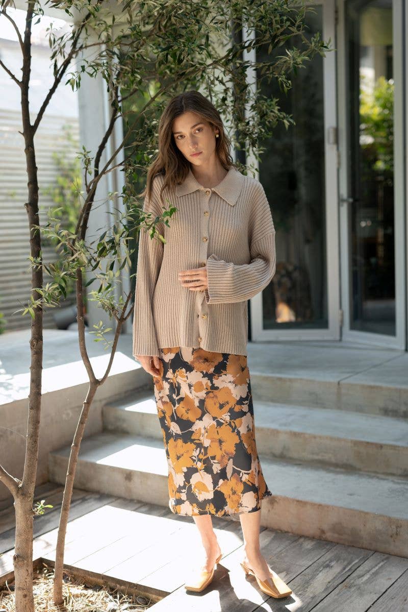 FLOWER PRINT BIAS CUT MIDI SKIRT : BLACK COMBO / FS67306