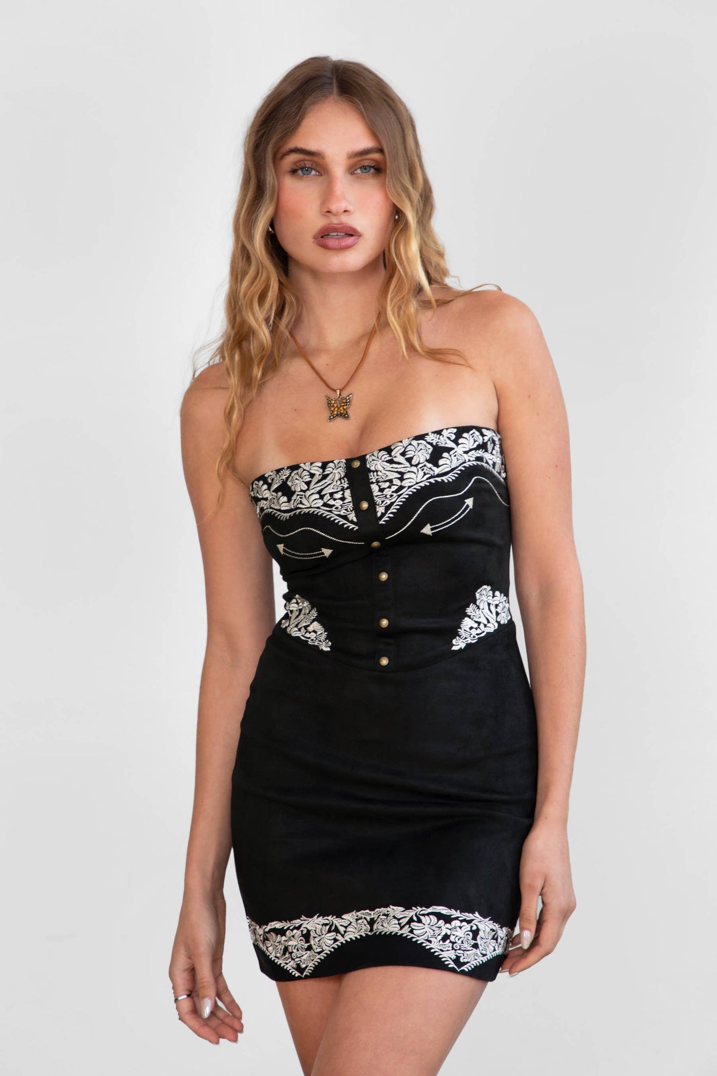 LAREDO Embroidered Suede Mini Dress: Brown / DA31077-LAREDO-BROWN