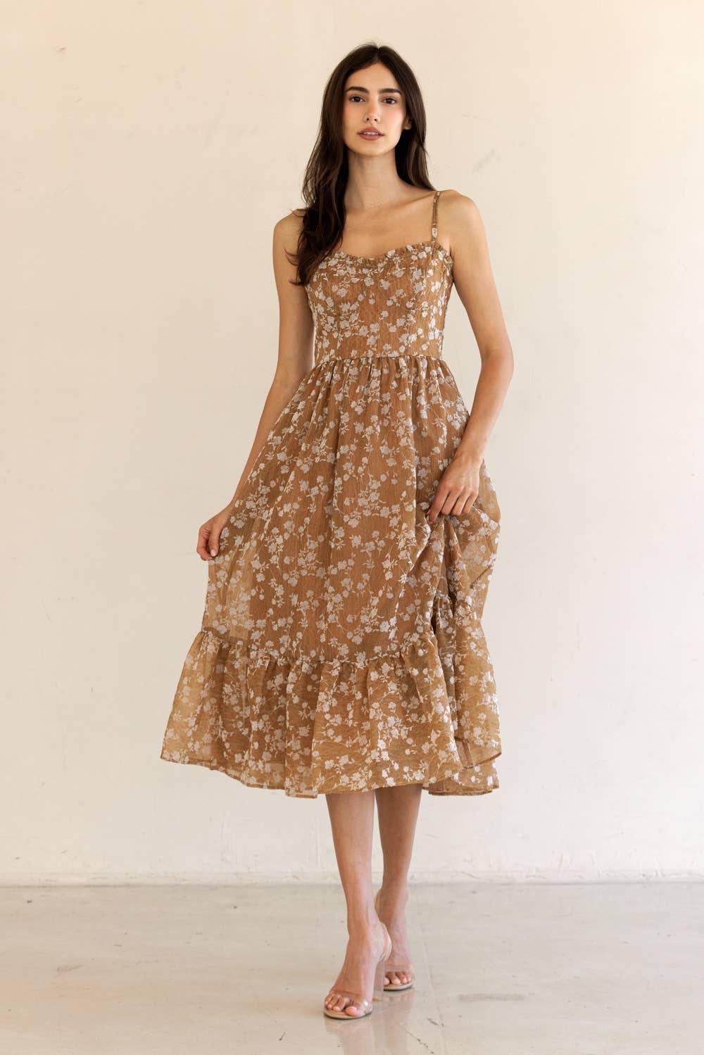 HD1724-39-FLORAL PRINT RUFFLED HEM MIDI DRESS: DK CORAL/FLORAL