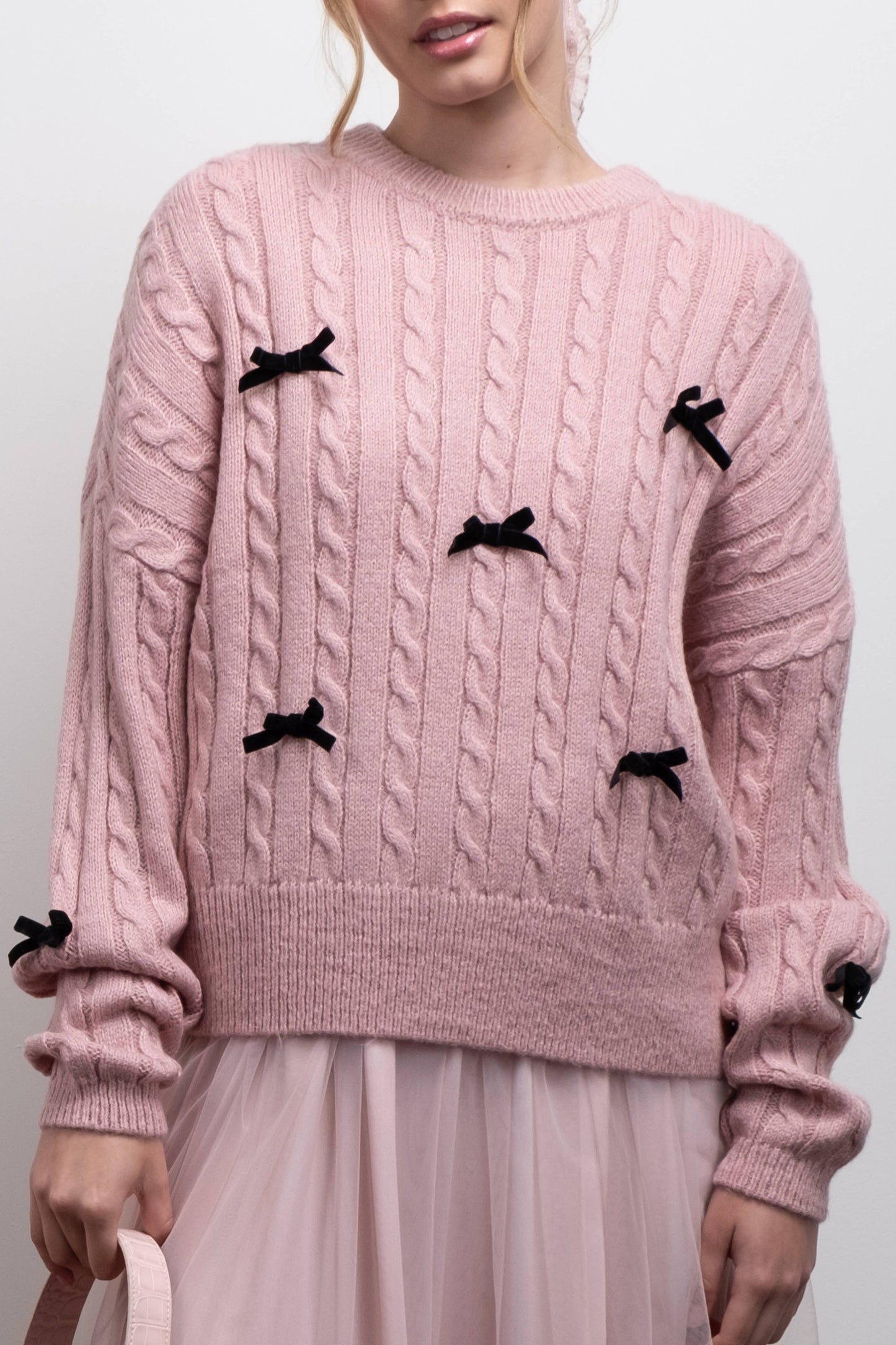 BOW DETAIL CABLE KNIT PULLOVER SWEATER: IVORY CR2409_IVORY