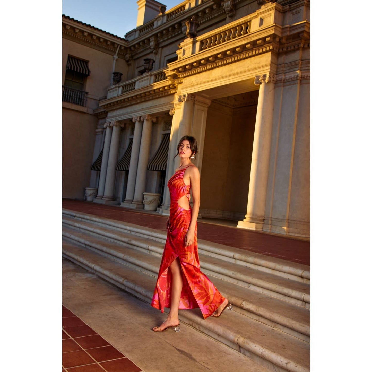 Sunset Lover One Shoulder Ruched Maxi Dress: FLAME SCARLET / FD12686-P1931_1