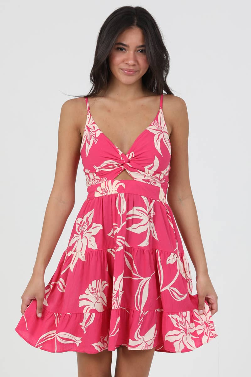 C4143-W921 V NECK TWIST FRONT CUTOUT SUNDRESS: Black