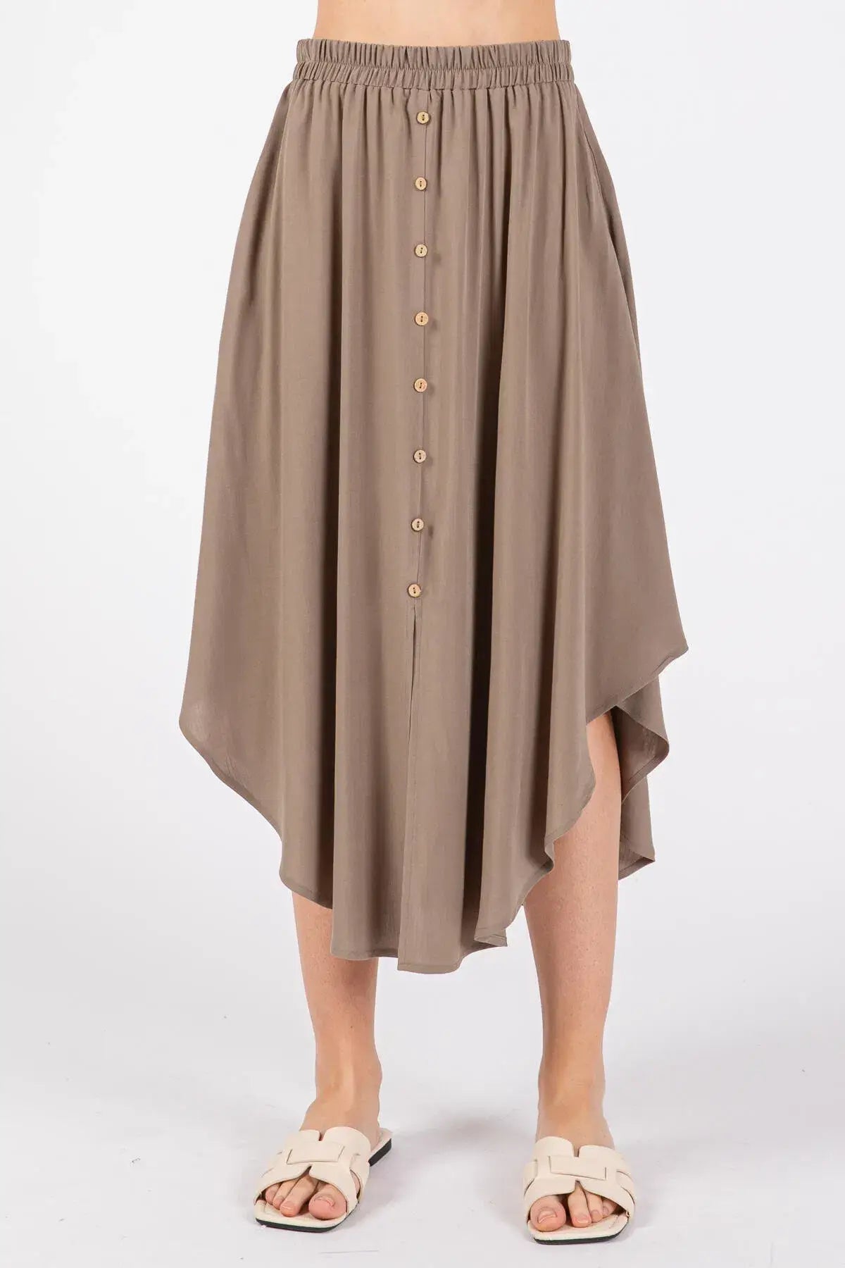 Solid Elastic Waist Midi Skirt - NS80162D: Dune