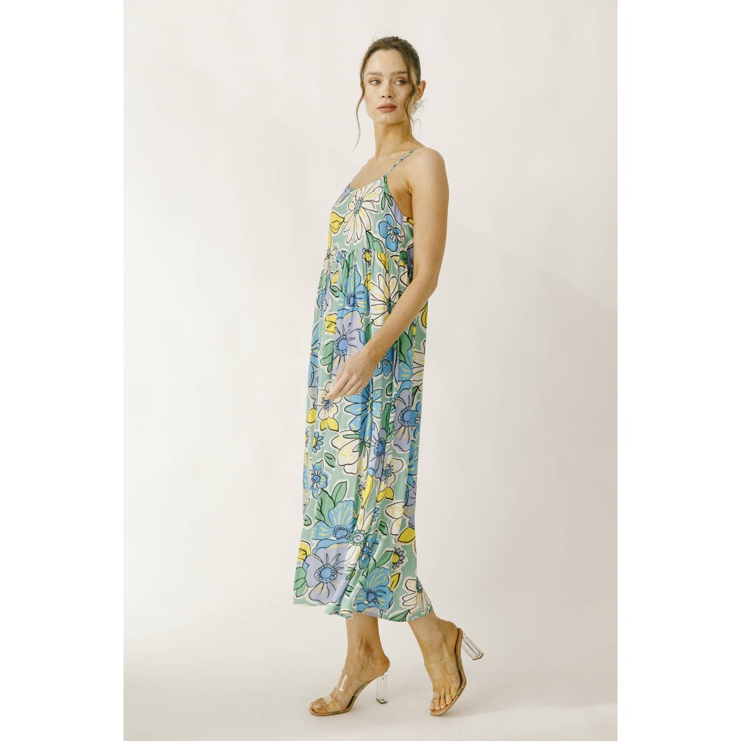 JD4711-1- LARGE BRIGHT FLORAL BABY DOLL MIDI DRESS: GREEN