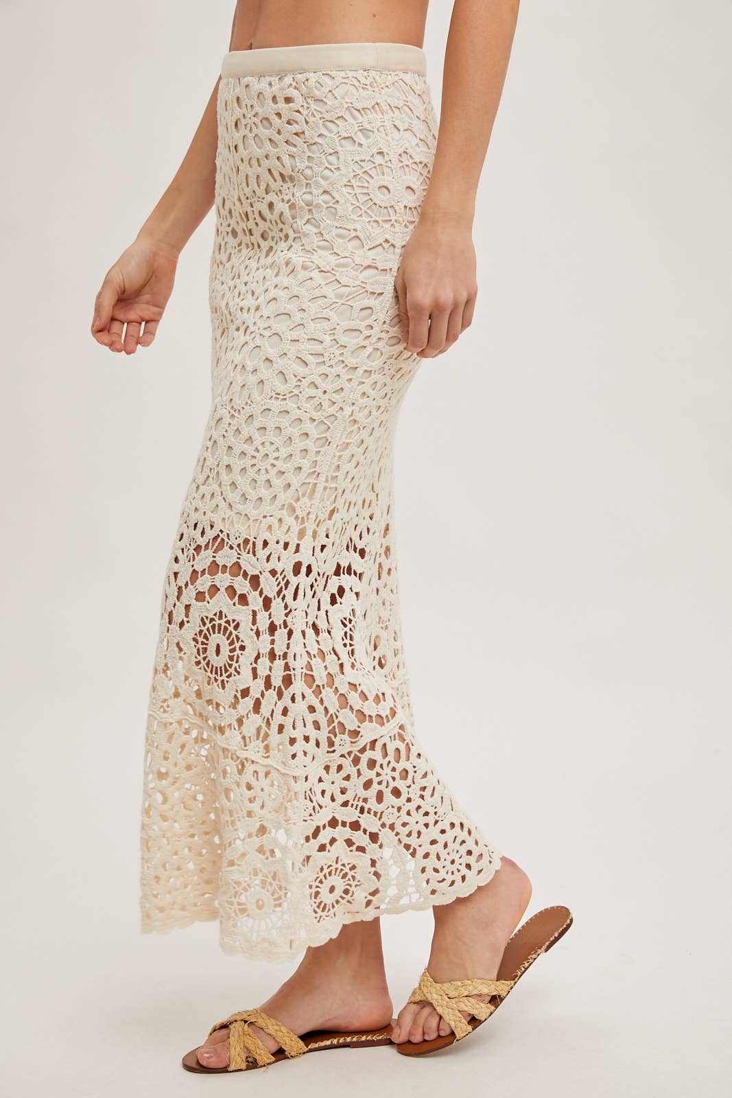 CROCHET MIDI SKIRT WITH LINING: NATURAL / B02609