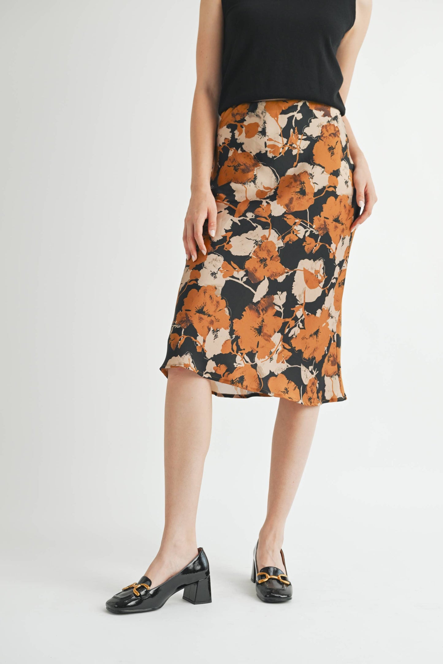 FLOWER PRINT BIAS CUT MIDI SKIRT : BLACK COMBO / FS67306