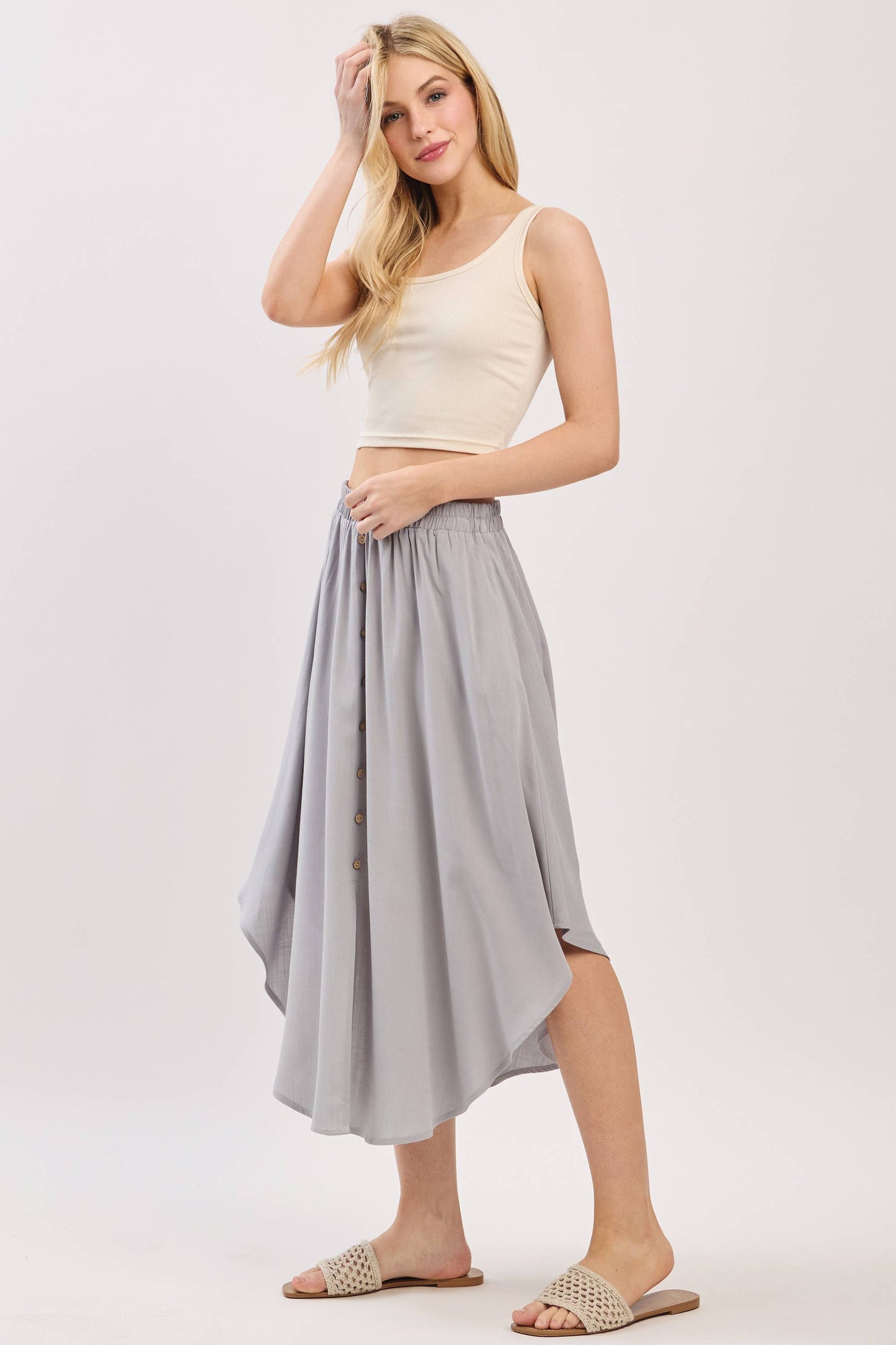 Solid Elastic Waist Midi Skirt - NS80162D: Dune