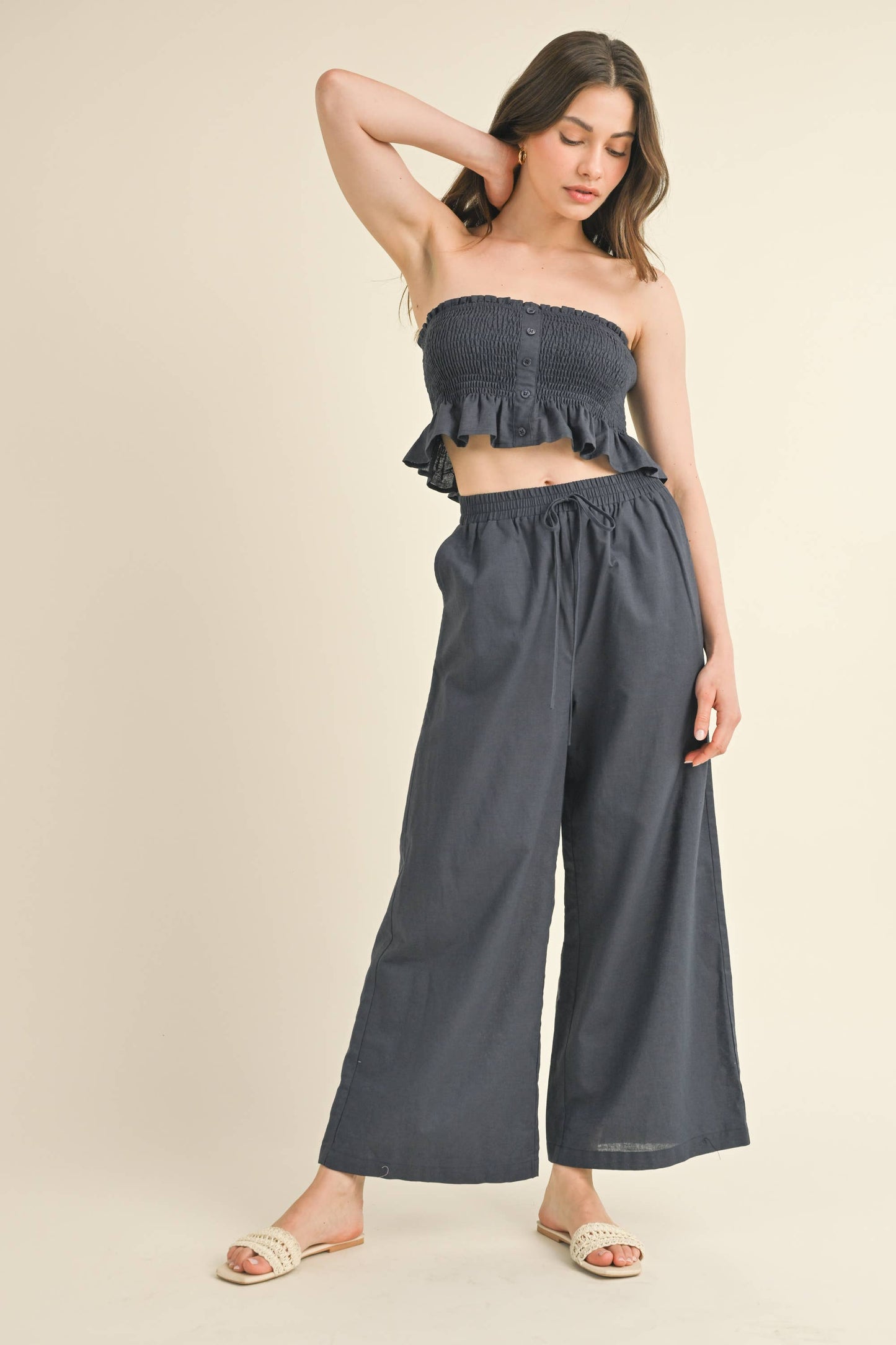 💖Top Only💖 IST5605 LINEN SMOCKED STRAPLESS TOP: DARK DENIM