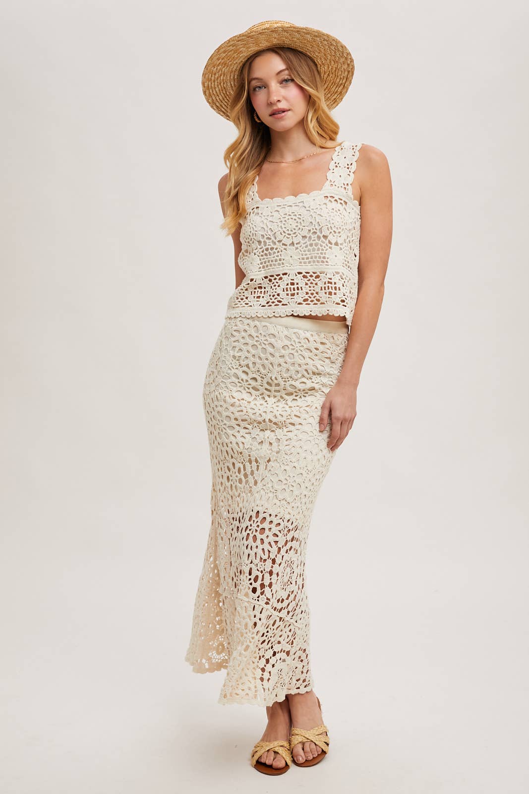 CROCHET MIDI SKIRT WITH LINING: NATURAL / B02609