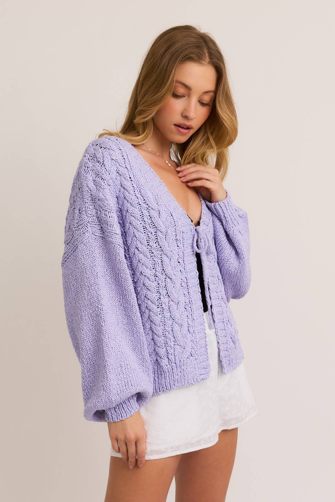 FRONT TIE CABLE CARDIGAN: LAVENDER /