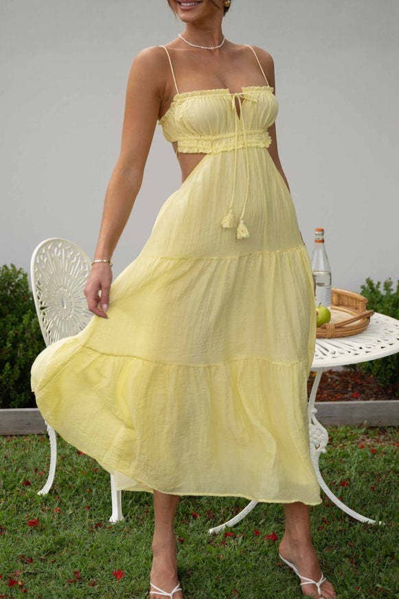 Solid bandeau strap backless swing maxi tiered dress: Blue / RCJY00340-Blue