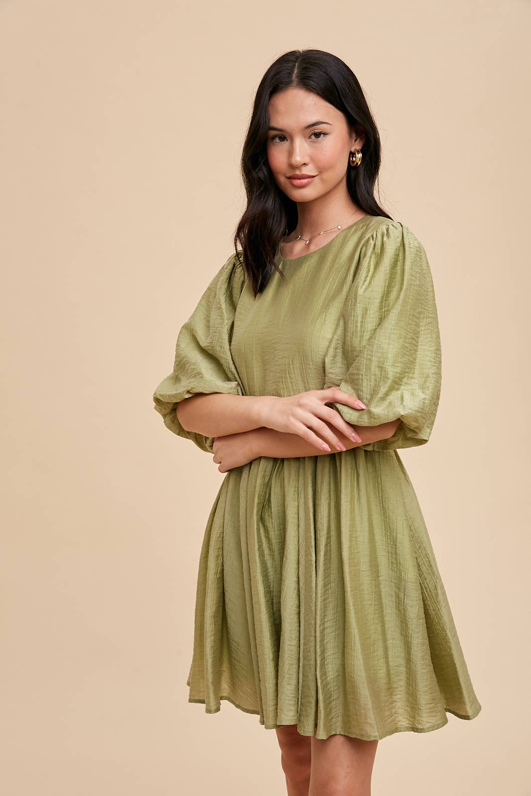 TENCEL BLEND PUFF SLEEVE MINI DRESS: ILD5681 / OFF WHITE