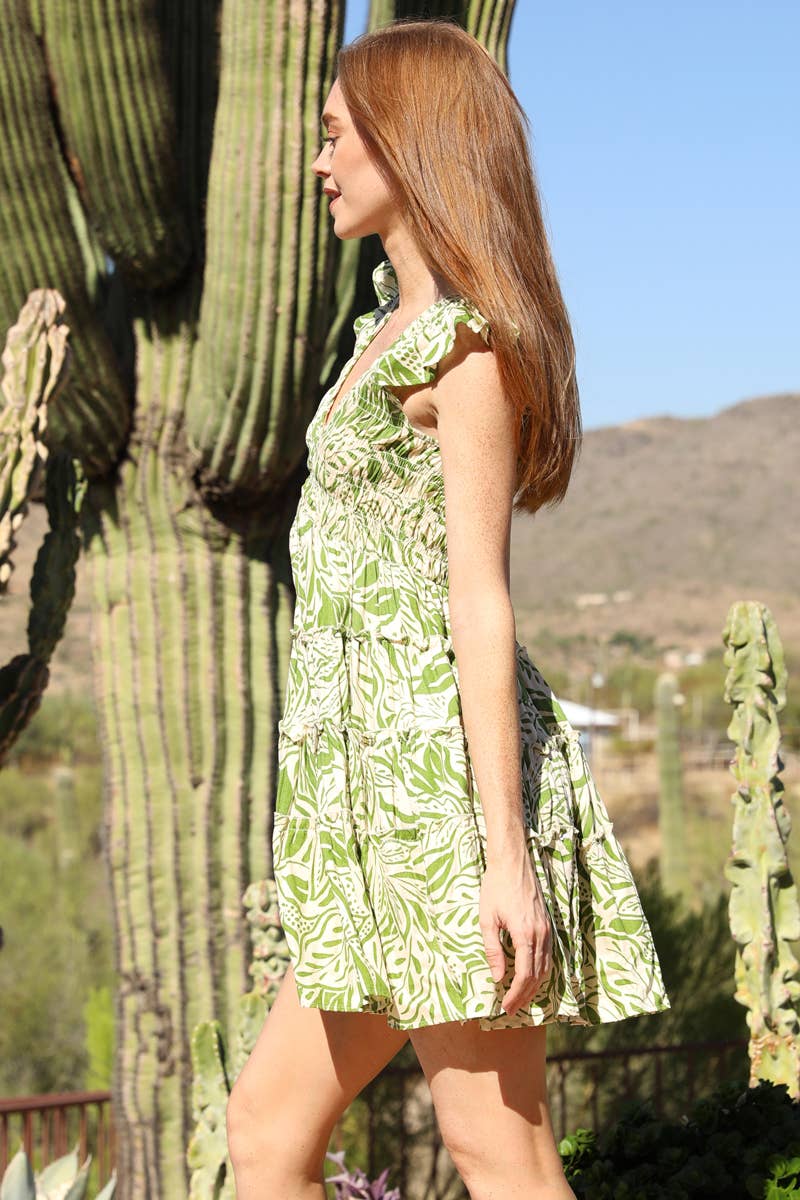 F4J62-FQ81 V NECK SMOCKED BUST FLUTTER SLEEVE TIERED DRESS