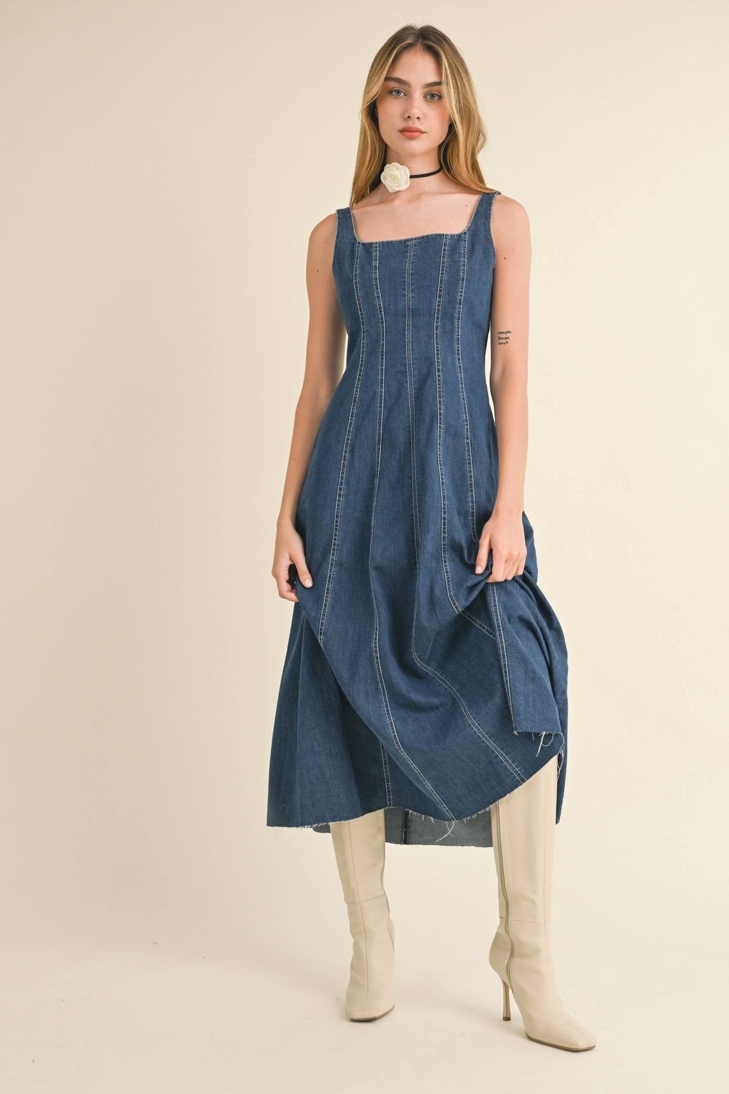 D3099 PANELED DENIM LONG DRESS: DENIM