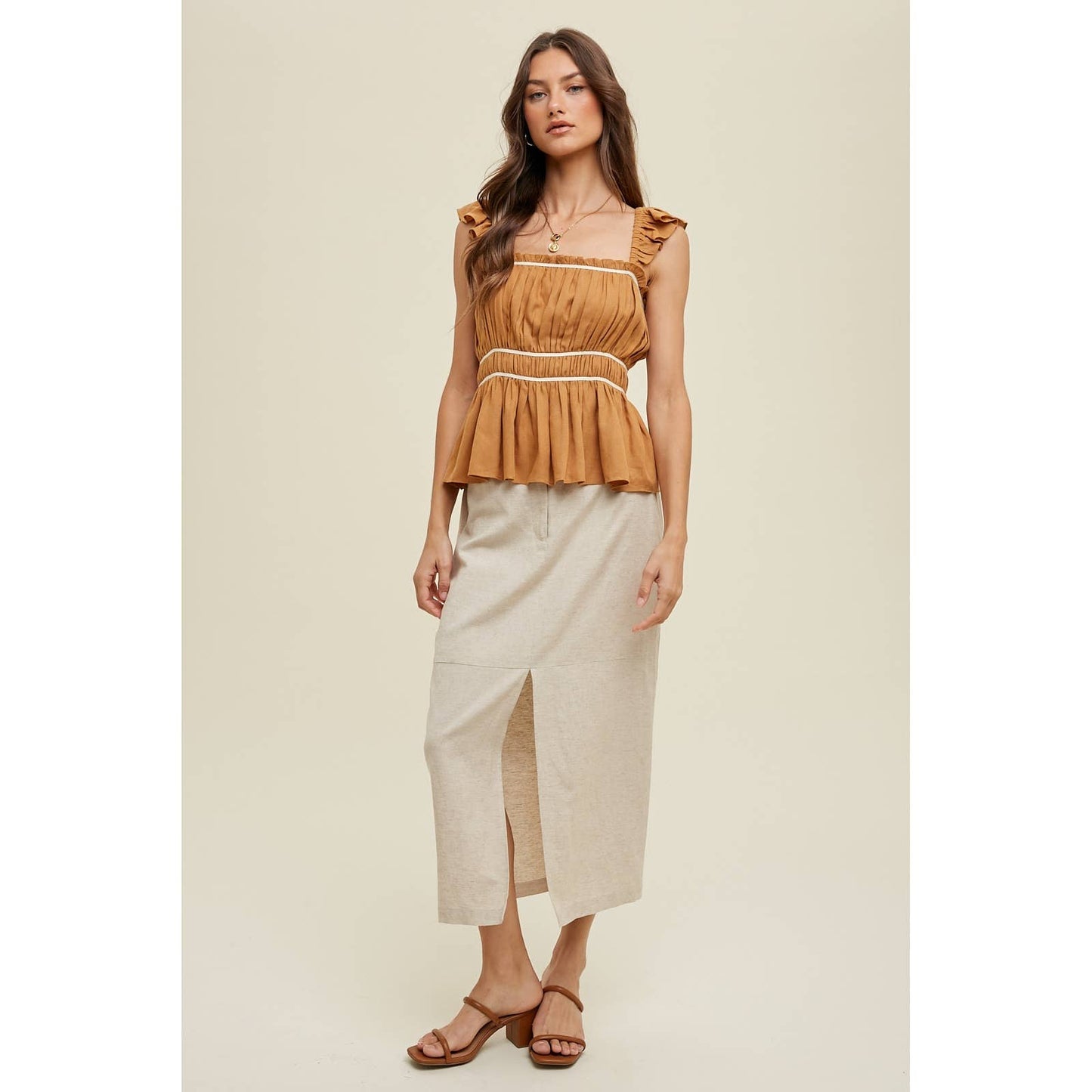 LINEN MIDI SKIRT WITH FRONT SLIT DETAIL / WL24-8822: OATMEAL