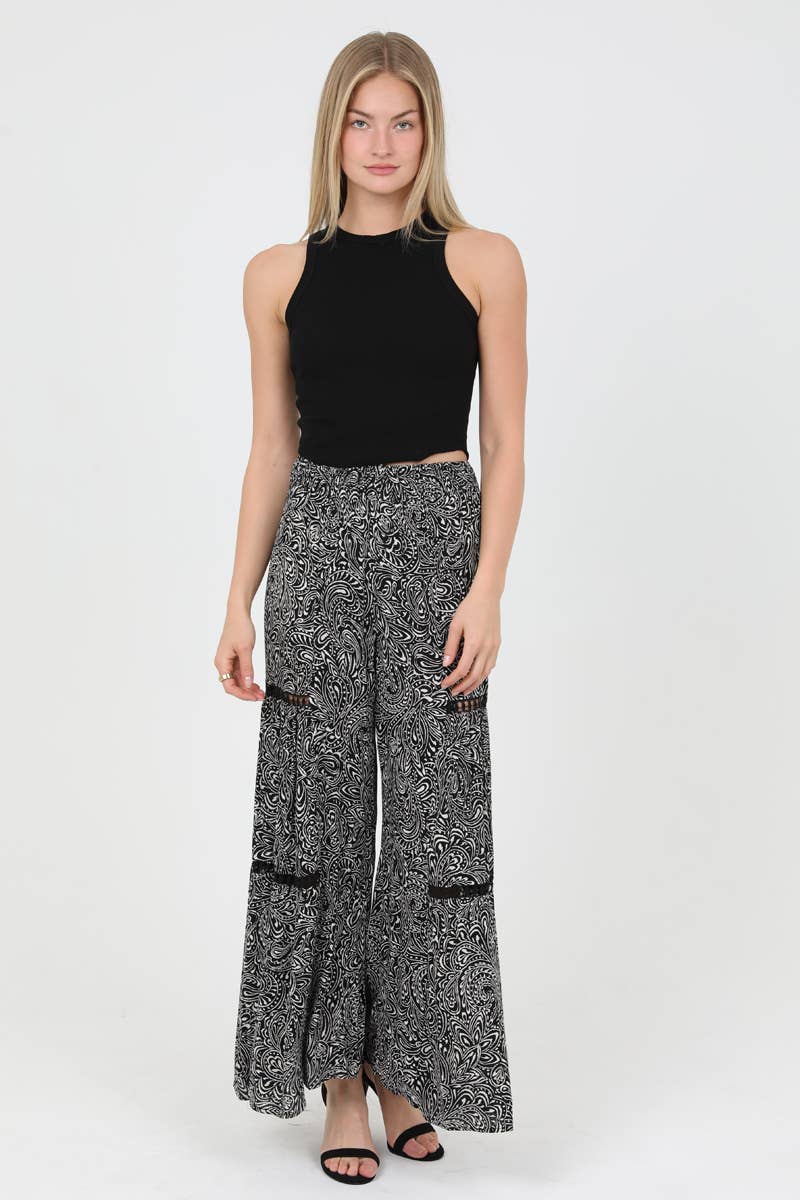 25R84-A877 SMOCKED WAIST PRINTED WIDE LEG PANTS WITH TIERS