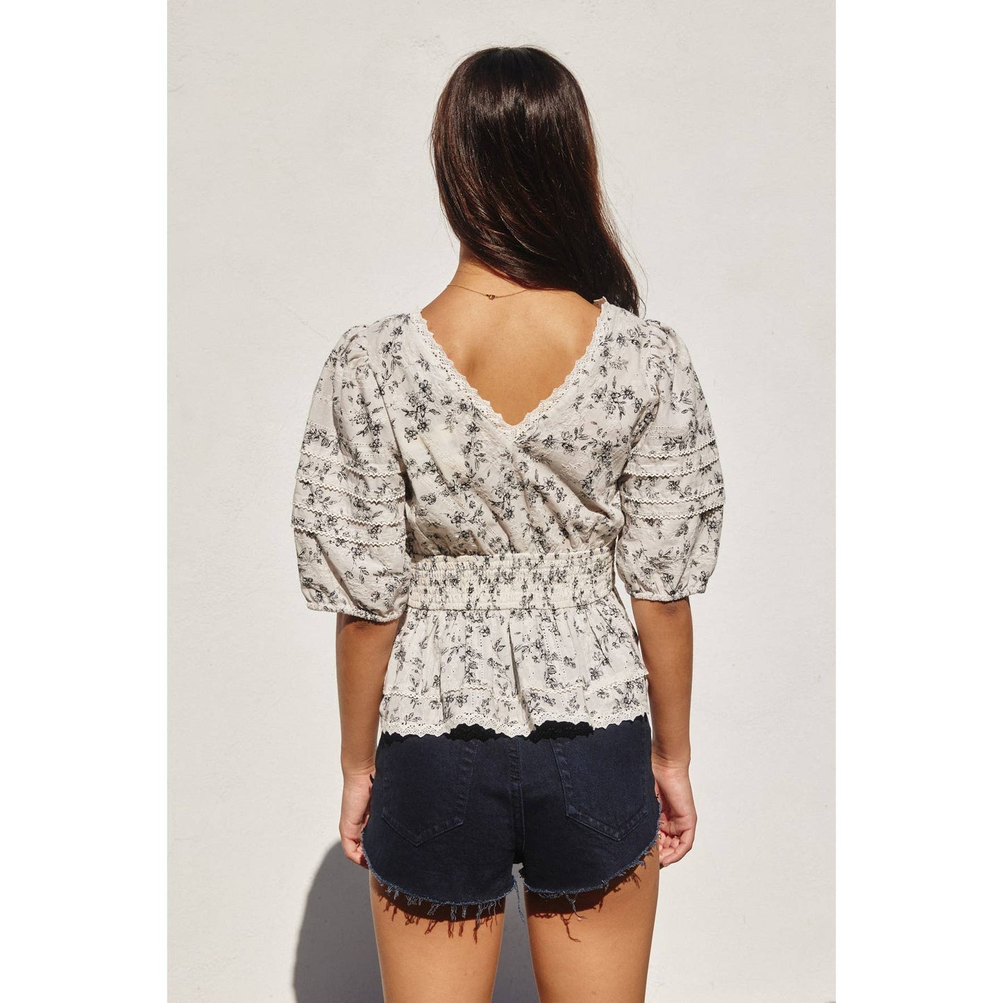 Brunch Babe Lace Trim Smocked Waist Peplum Top: BROWN/IVORY / FT11895-CP335-R
