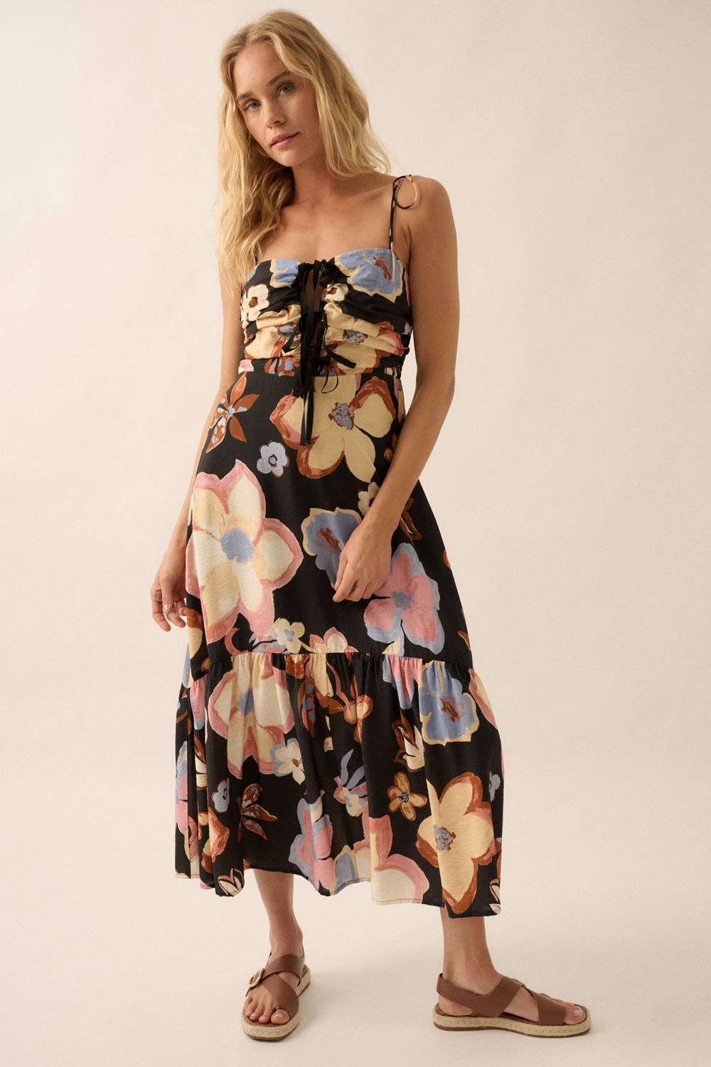 Textured Floral-Print Tie-Front Ruffle Midi Dress: CREAM / NDC2208C