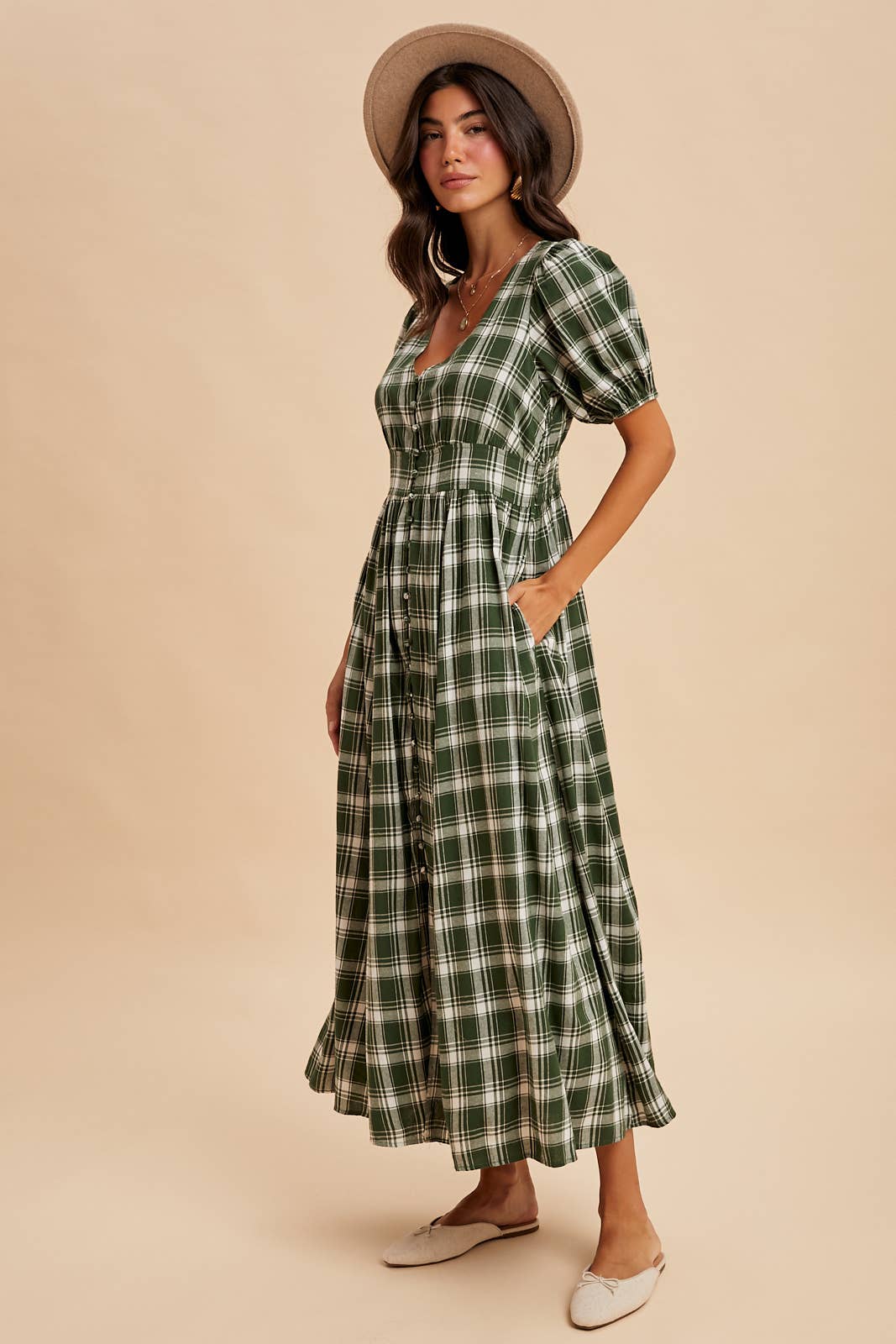 PLAID BUTTON DOWN MAXI DRESS: CHESTNUT / ILD6400