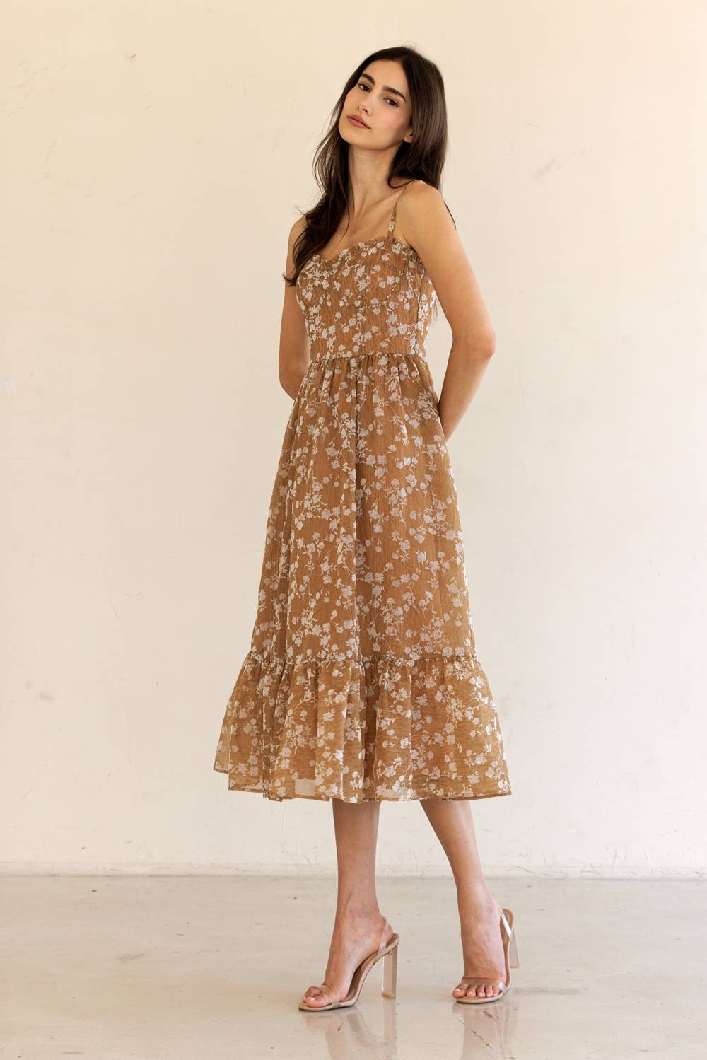 HD1724-39-FLORAL PRINT RUFFLED HEM MIDI DRESS: DK CORAL/FLORAL