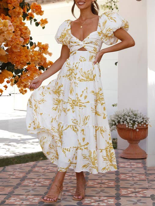 Puff off the shoulder twist floral prairie maxi dress: Yellow / RCJY00262-Yellow