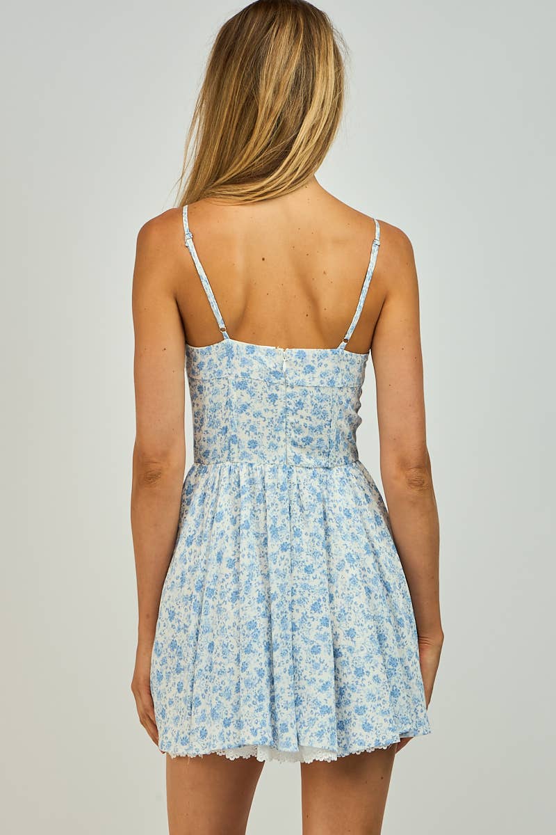 FLORAL SEE-THROUGH LACE TRIM DETAIL MINI DRESS: BL Taffy Floral / SM-D20634E